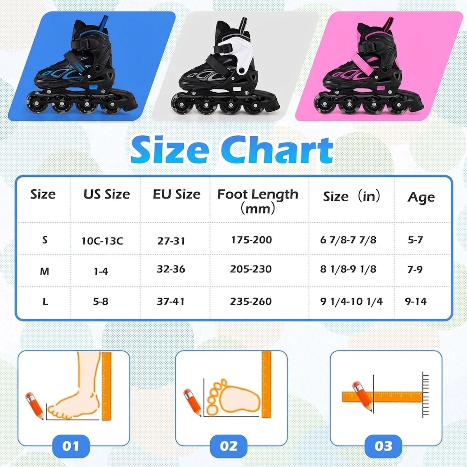 SUGIFT 4-Size Adjustable Kids Inline Skates with Light-up Wheels Ages 7-9 White & Black / Black & Blue / Purple & Black