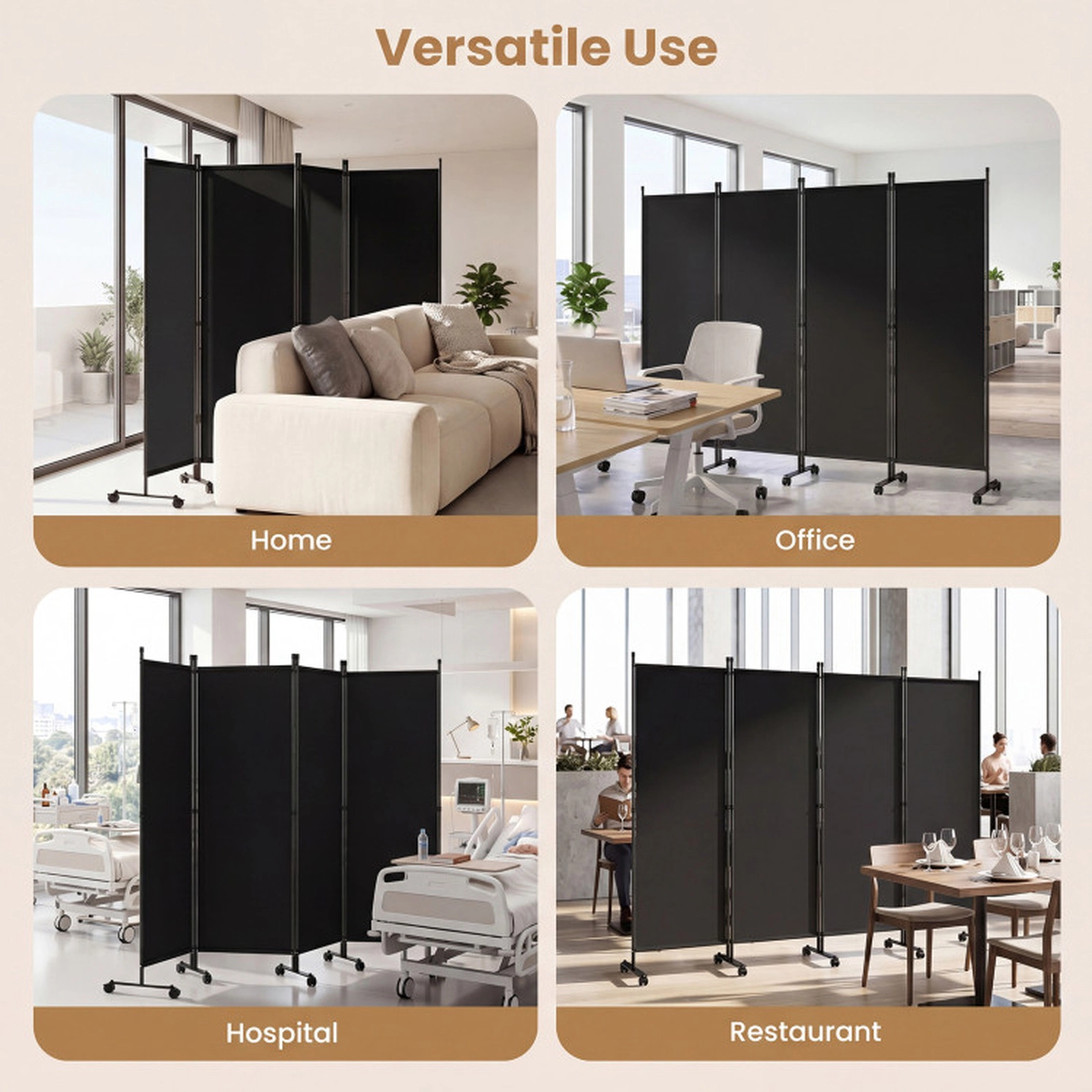 SUGIFT Black 4-Panel 87-in Wide Folding Room Divider Privacy Screen with 10 Lockable Universal Wheels