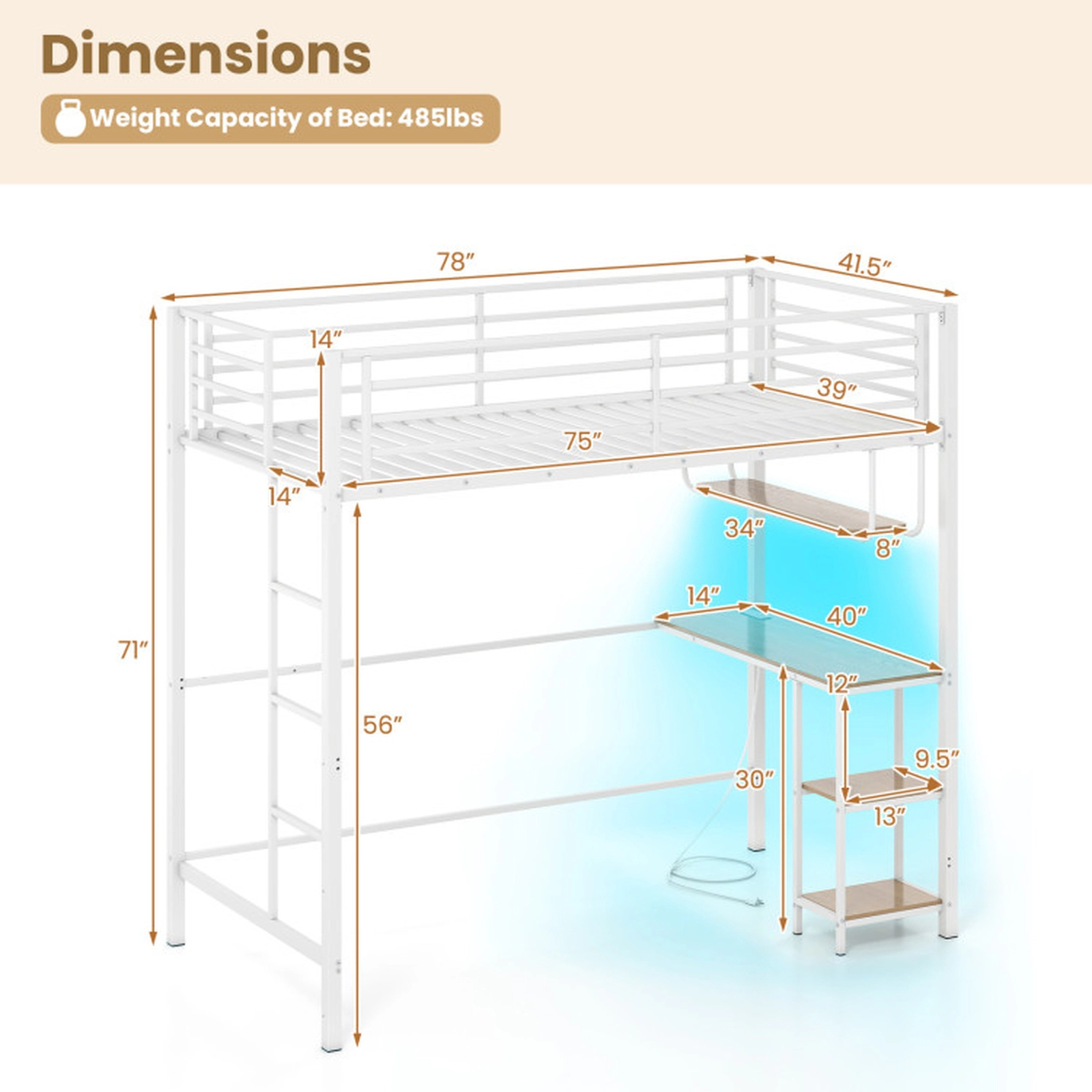 SUGIFT Twin 485-lb Capacity White Metal Loft Bed with Desk Charging Station LED Lights Shelves and Guardrail