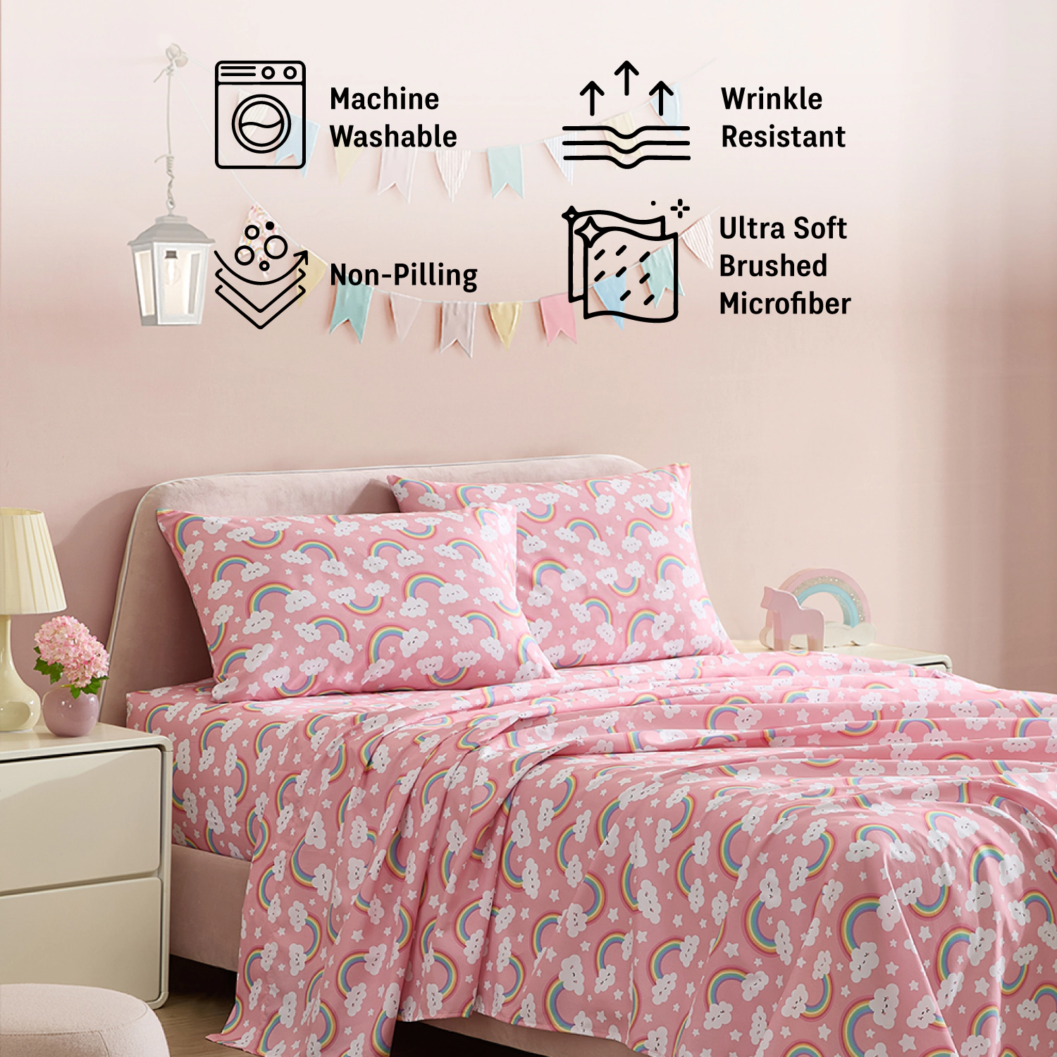 HLC.ME Purple Rainbow Printed Girls Bed Sheets Set - Wrinkle Resistant & Ultra Soft Fits Mattresses up to 15 Deep