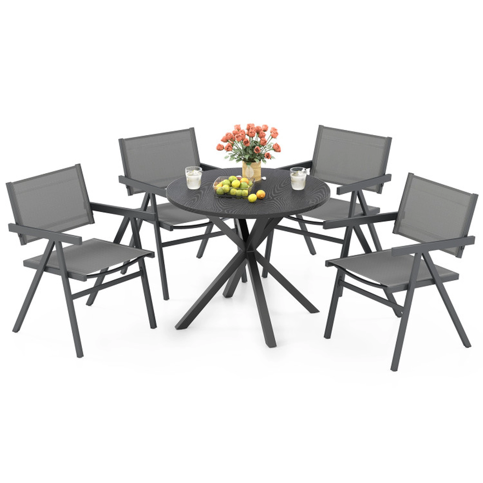 SUGIFT Set of 4 Gray Outdoor Patio Dining Chairs with Breathable Sling Seats