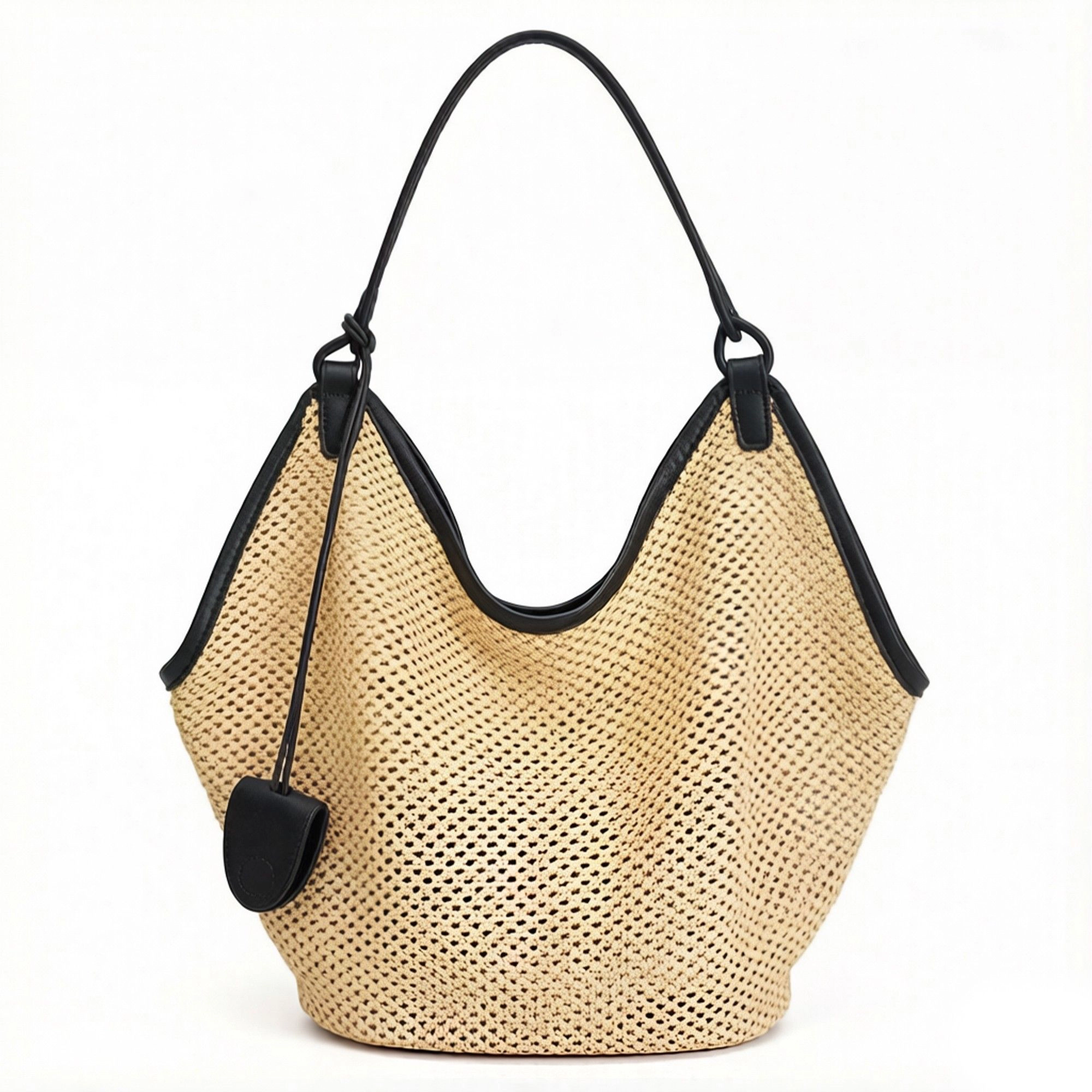 Alilang Women's Woven Shoulder Bag with Faux Leather Trim Slouchy Hobo Handbag Lightweight Large Capacity Tote