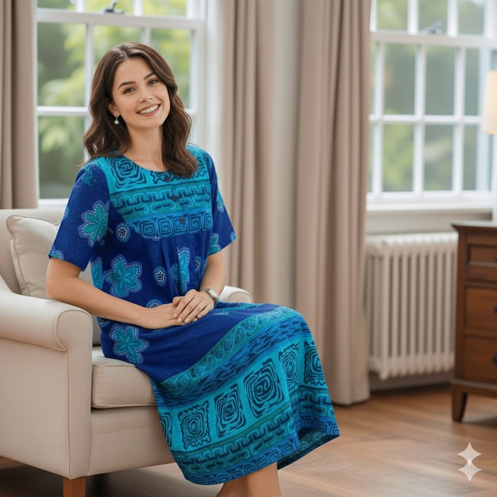 Loungees Border Print Cotton PETITE length House Dress Caftan 3 Button Bib Yoke Short Sleeve