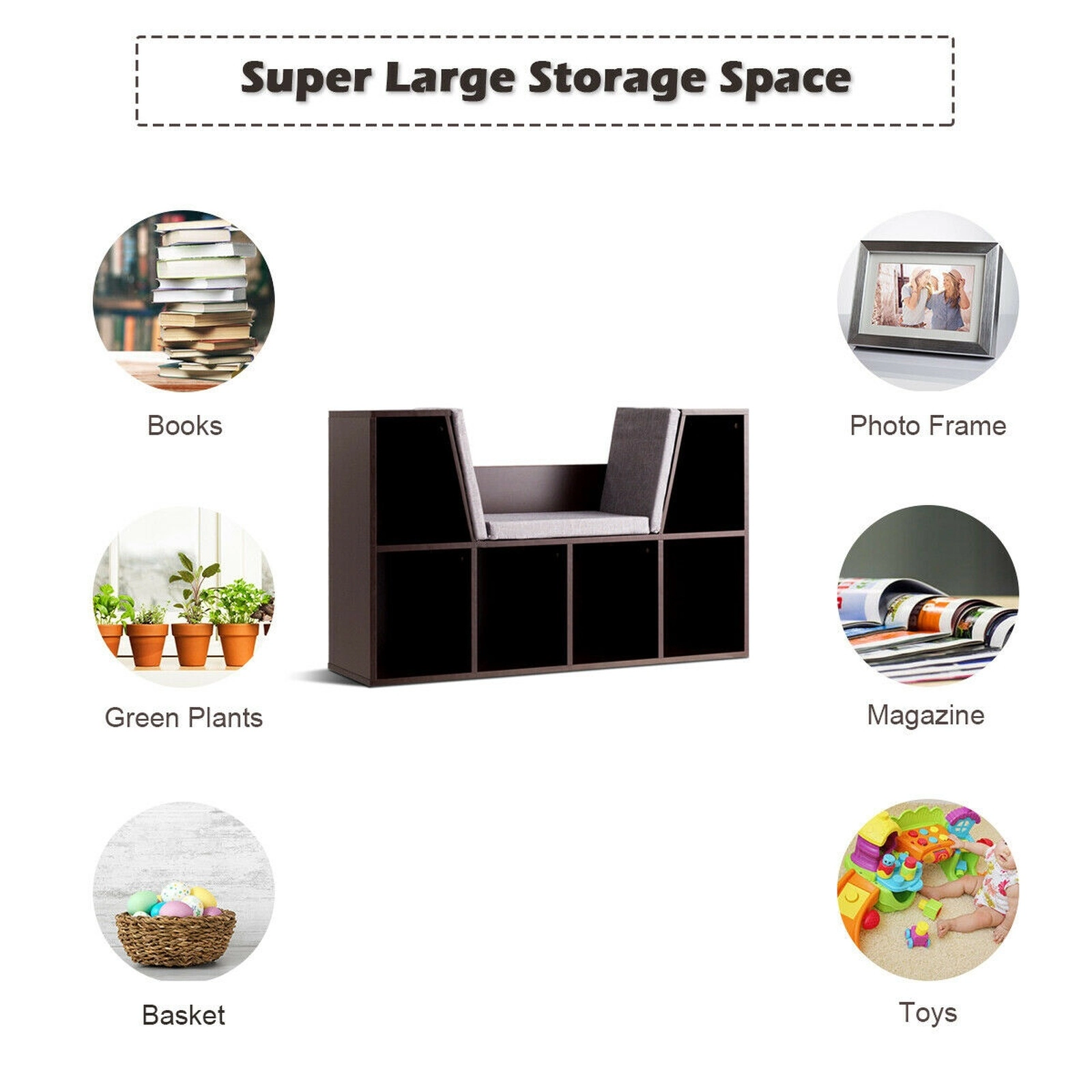 SUGIFT 6-Cubby Kid Storage Bookcase with Cushioned Reading Nook 110-lb Capacity Brown