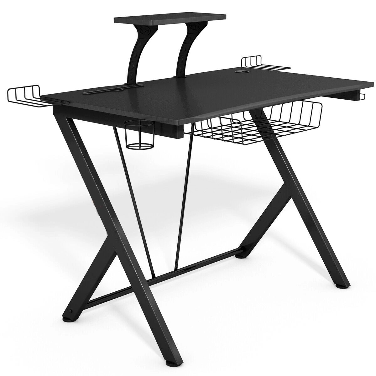 SUGIFT 52-Inch Black Curved Gaming Desk with Cup Holder and Monitor Shelf