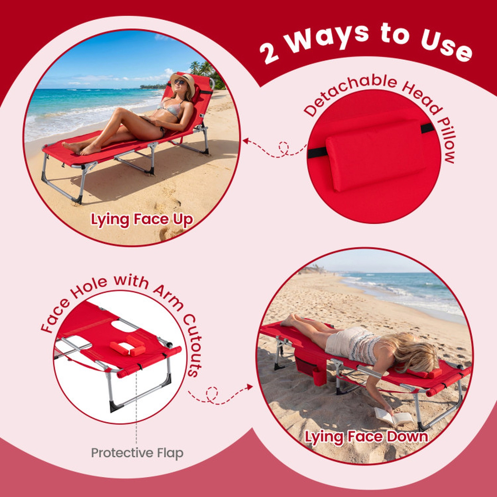SUGIFT 4-Level Adjustable Tanning Chairs with Face and Arm Holes 330-Lb Capacity Set of 2 Folding Chaise Lounges Red