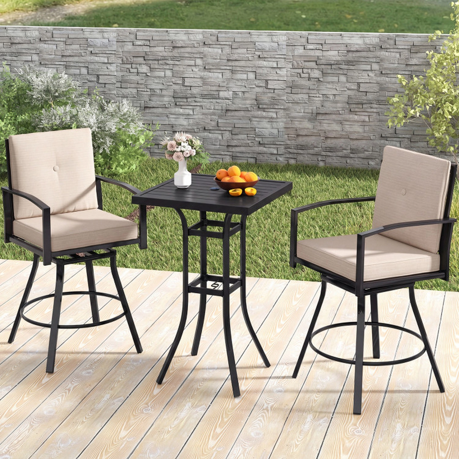 SUGIFT 3-Piece Black Outdoor Patio Bar Set with 360-Degree Swivel Stools and Square Table