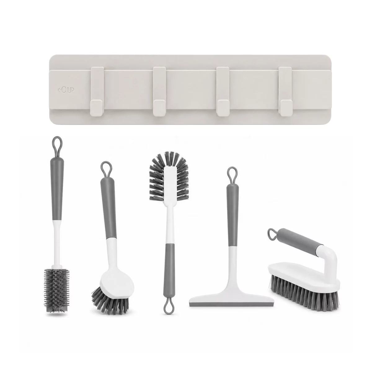OU Bathroom & Kitchen Cleaning Organization Set- Wall Mounted Hook Rack, Scrub Brushes, Bottle Brush & Silicone Squeegee