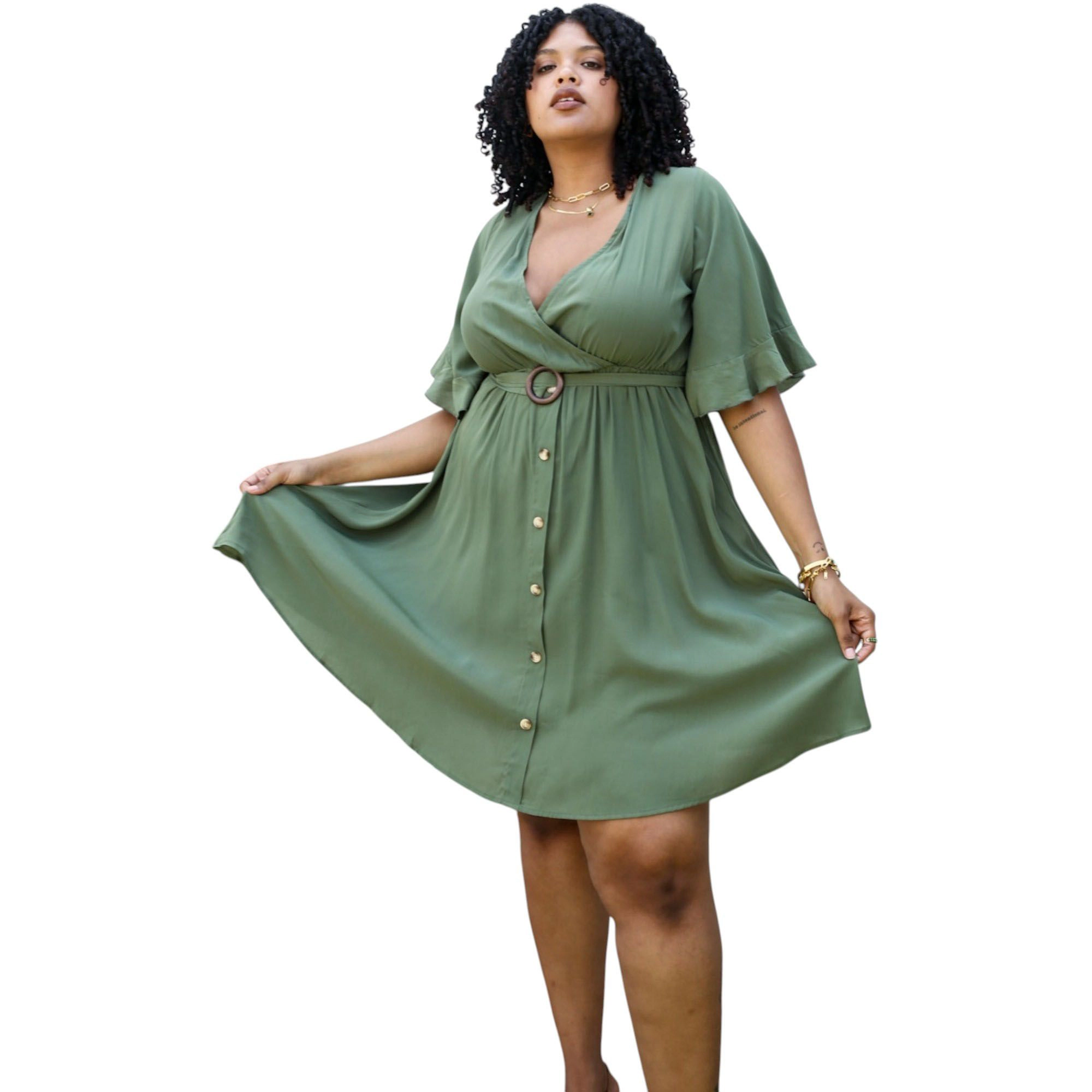 Anna-Kaci Women's Plus Short Sleeve Button-Down Dress with Flowy Skirt and Waist Belt