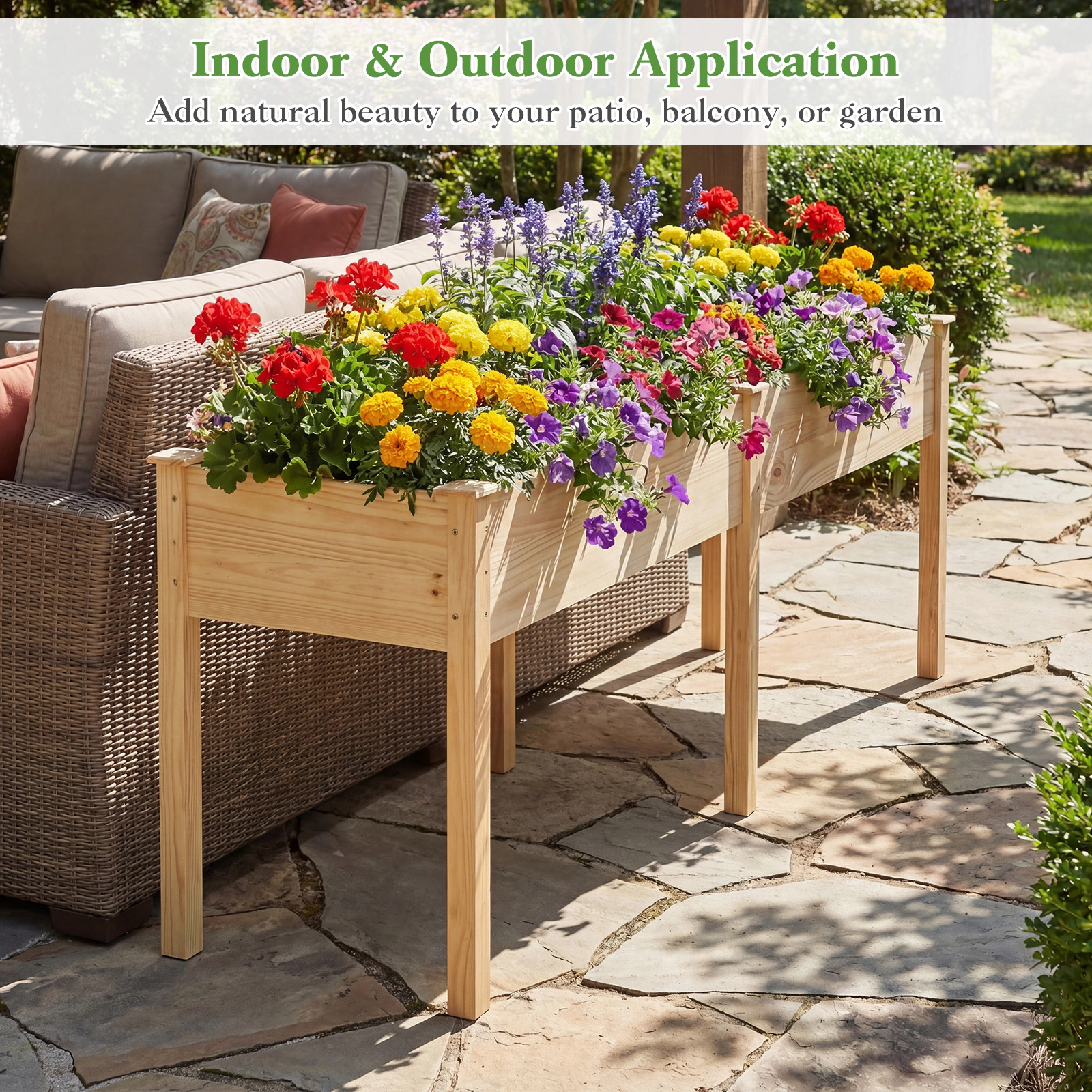 Costway Outdoor Raised Garden Bed with Legs 73x23x30in Wood Planter Box Divider Panel Brown