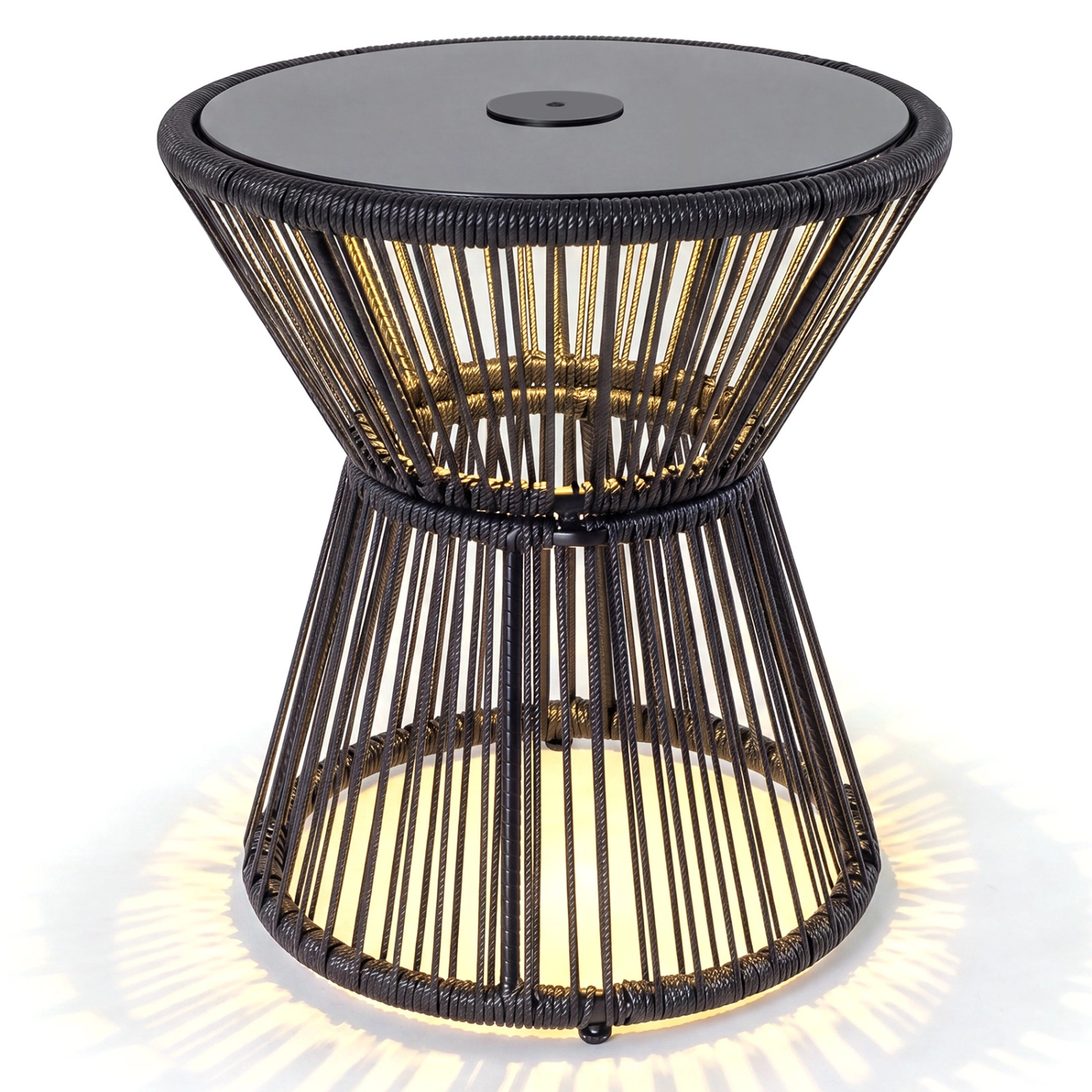SUGIFT Black PE Rattan LED Warm Light and Tempered Glass Top Outdoor Side Table