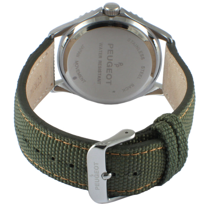 Peugeot Men's 42mm Sport Bezel Watch with Khaki Green Dial and Canvas Strap