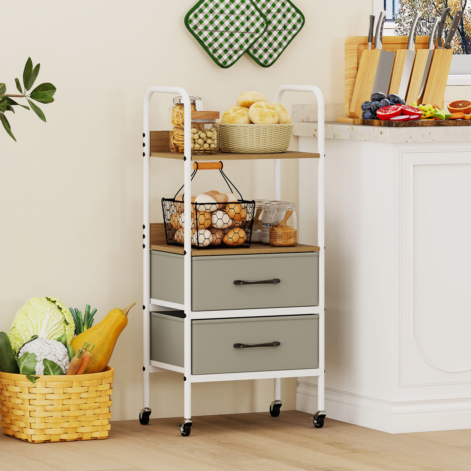 SUGIFT Rolling Utility File Storage Cart 2 Open Shelves & 2 Fabric Drawers 22-lb Shelf Capacity Natural + Gray + White