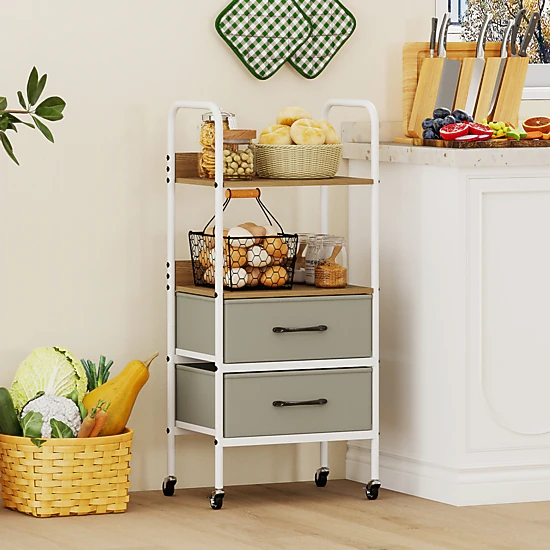 SUGIFT Rolling Utility File Storage Cart 2 Open Shelves & 2 Fabric Drawers 22-lb Shelf Capacity Natural + Gray + White