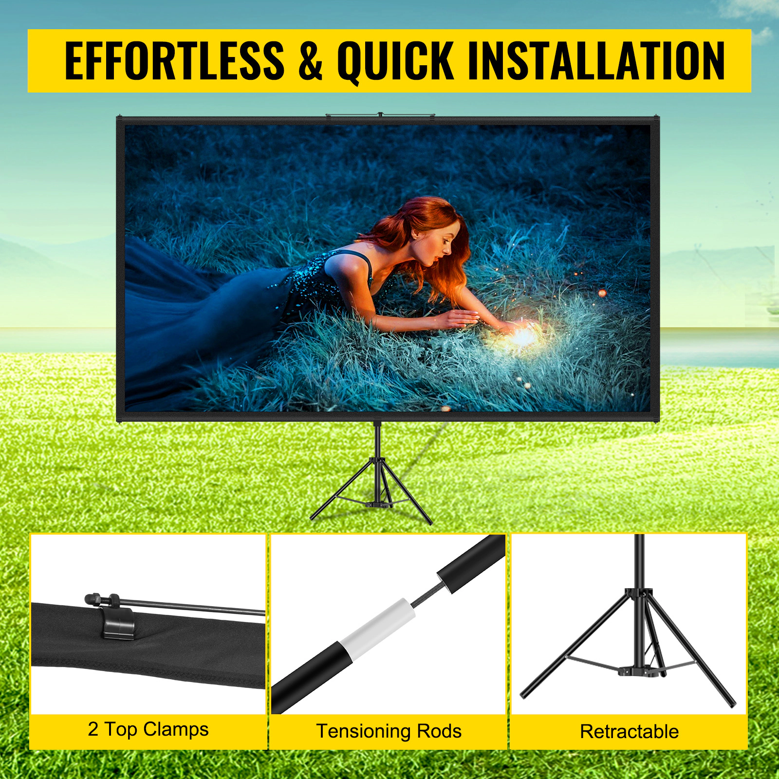 HONGGE Tripod Projector Screen with Stand 16:9 4K HD Projection Wrinkle-Free Height Adjustable Portable