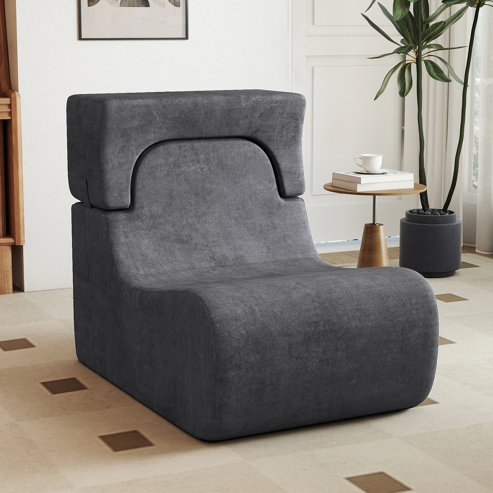 SUGIFT 350-lb Capacity Gray Ice Velvet One-Piece Sponge Floor Chair Lazy Sofa with Detachable Headrest