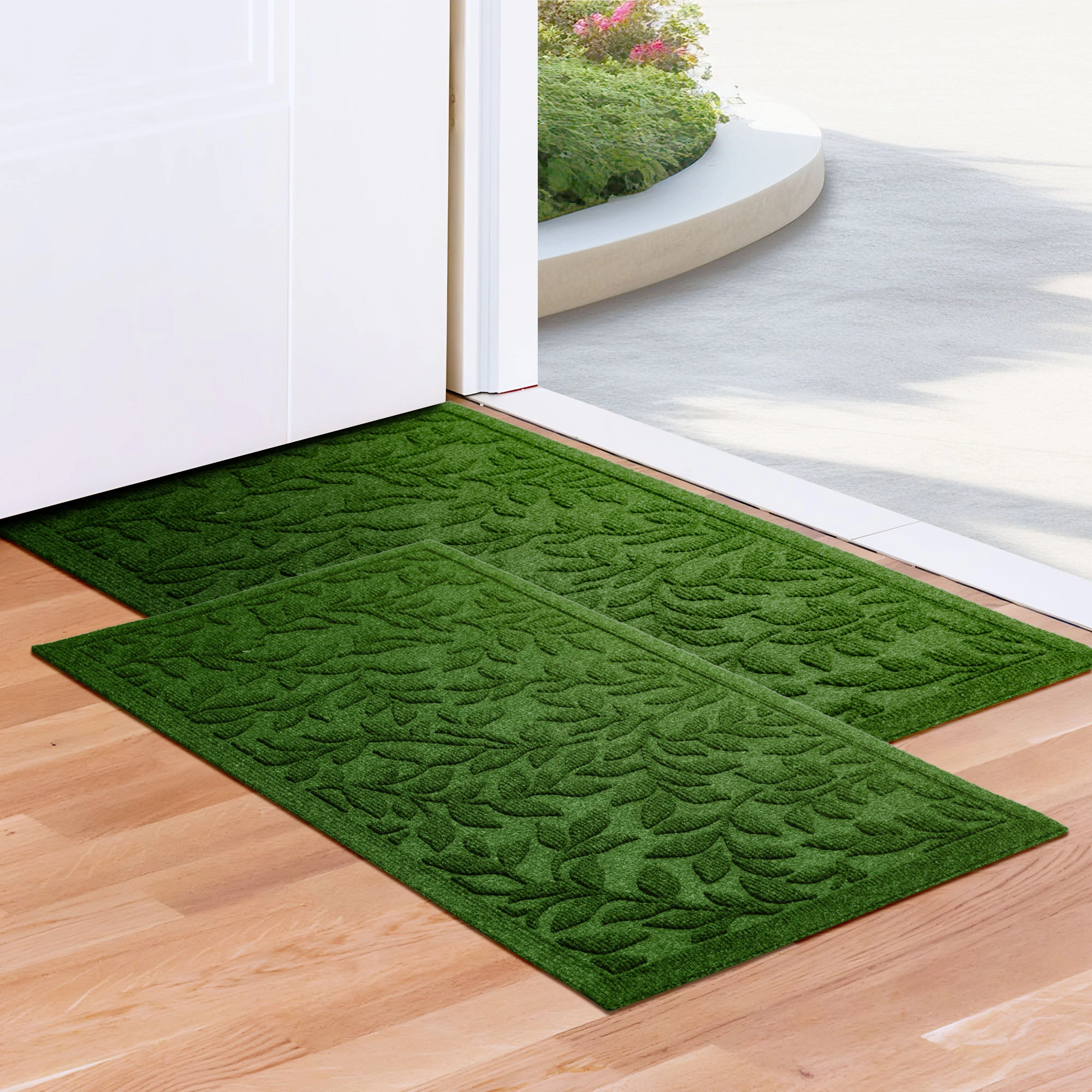 G128 Combo Pack Green Leaves Doormats - 17x29.5 & 23x35 in, Natural Rubber Non-Slip