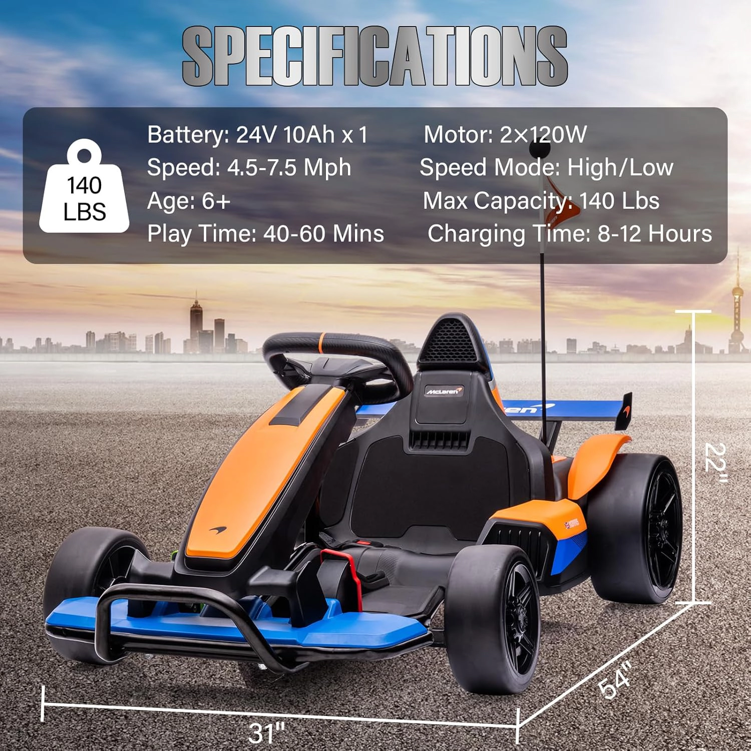 24V McLaren Licensed Kids Electric Go Kart, Drift Racing Go-Kart w/Drift Race Pedal, 2 Speeds, LED, Music, 400W Motor