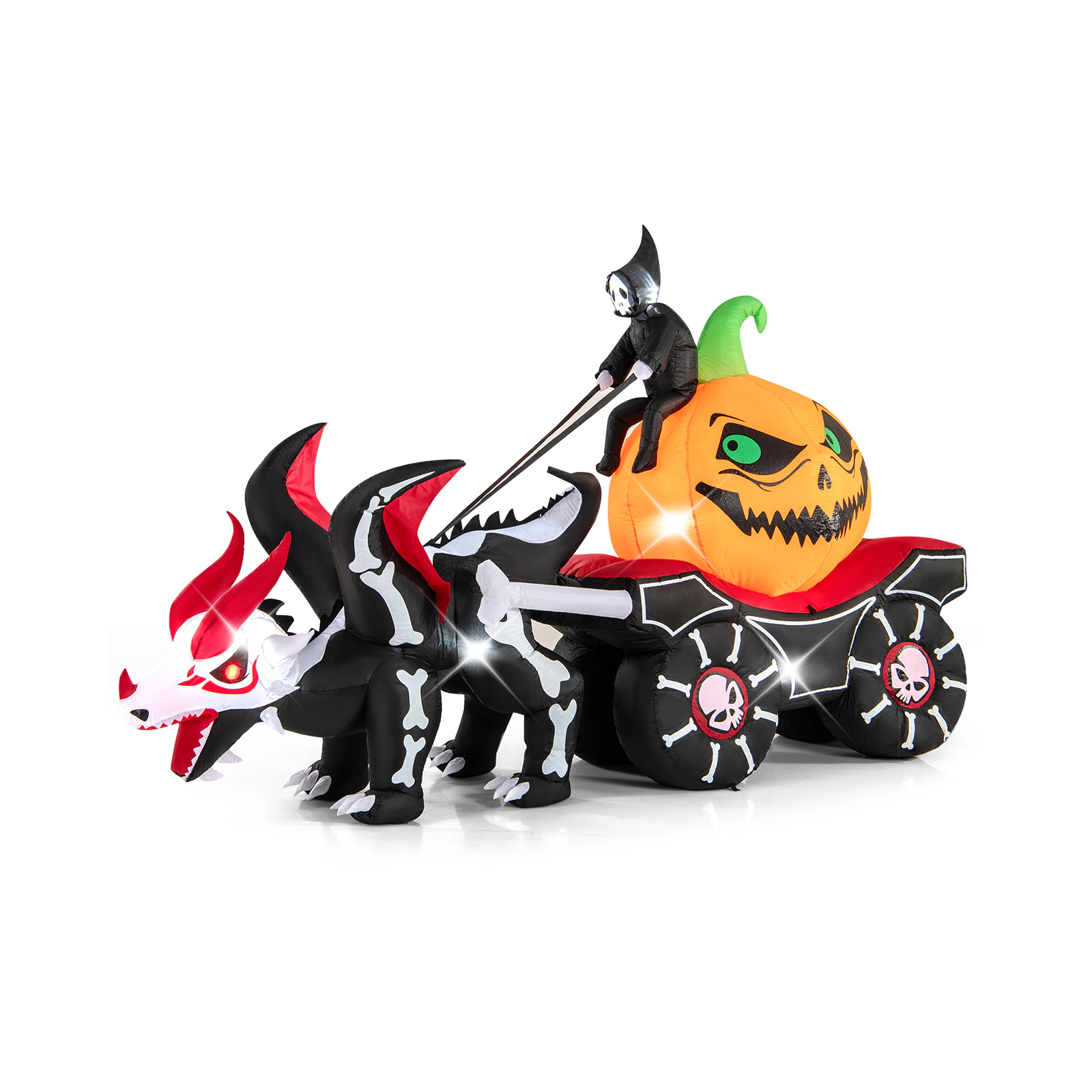 LJG Halloween Inflatable LED Lighted Carriage with Pumpkin and Skeleton Dragon