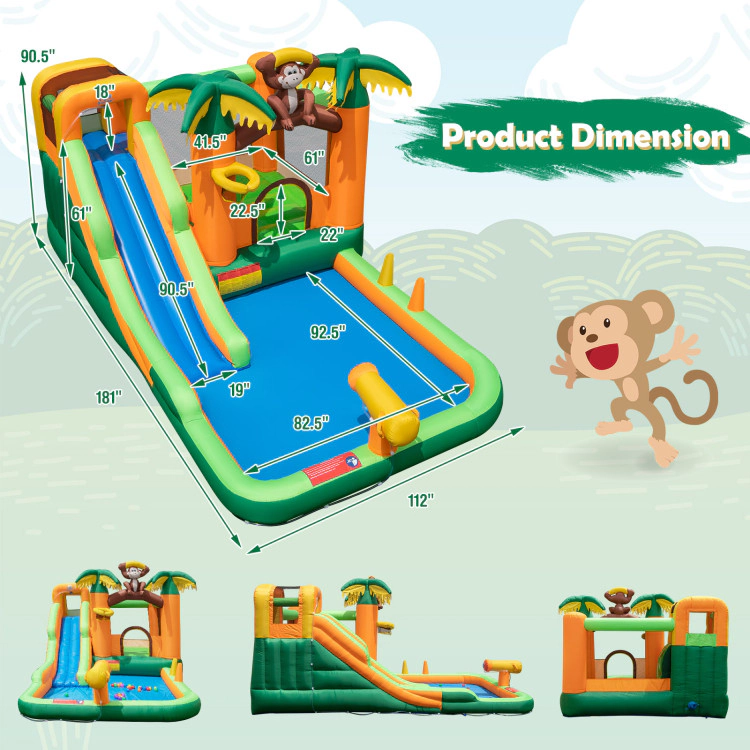 Hivvago Monkey-Themed Inflatable Water Slide with Jumping Area and Pool with 680W Blower