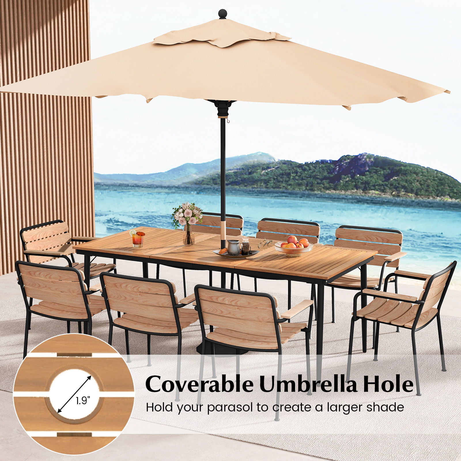 SUGIFT 79-in Acacia Wood Outdoor Dining Table for 8 with 1.9-in Umbrella Hole Natural & Black