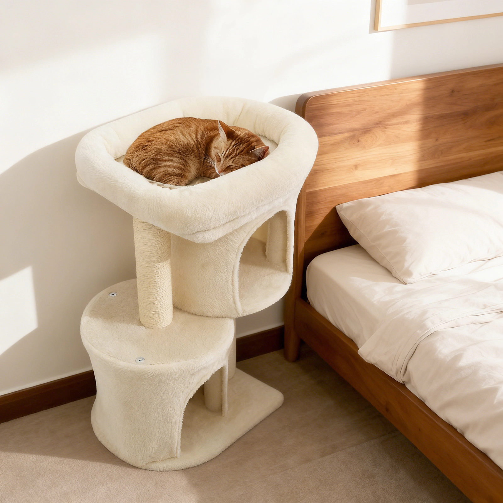 Glintex 26-Inch Cat Tower with Dual Condos and Fiberfill Raised-Edge Perch Bed