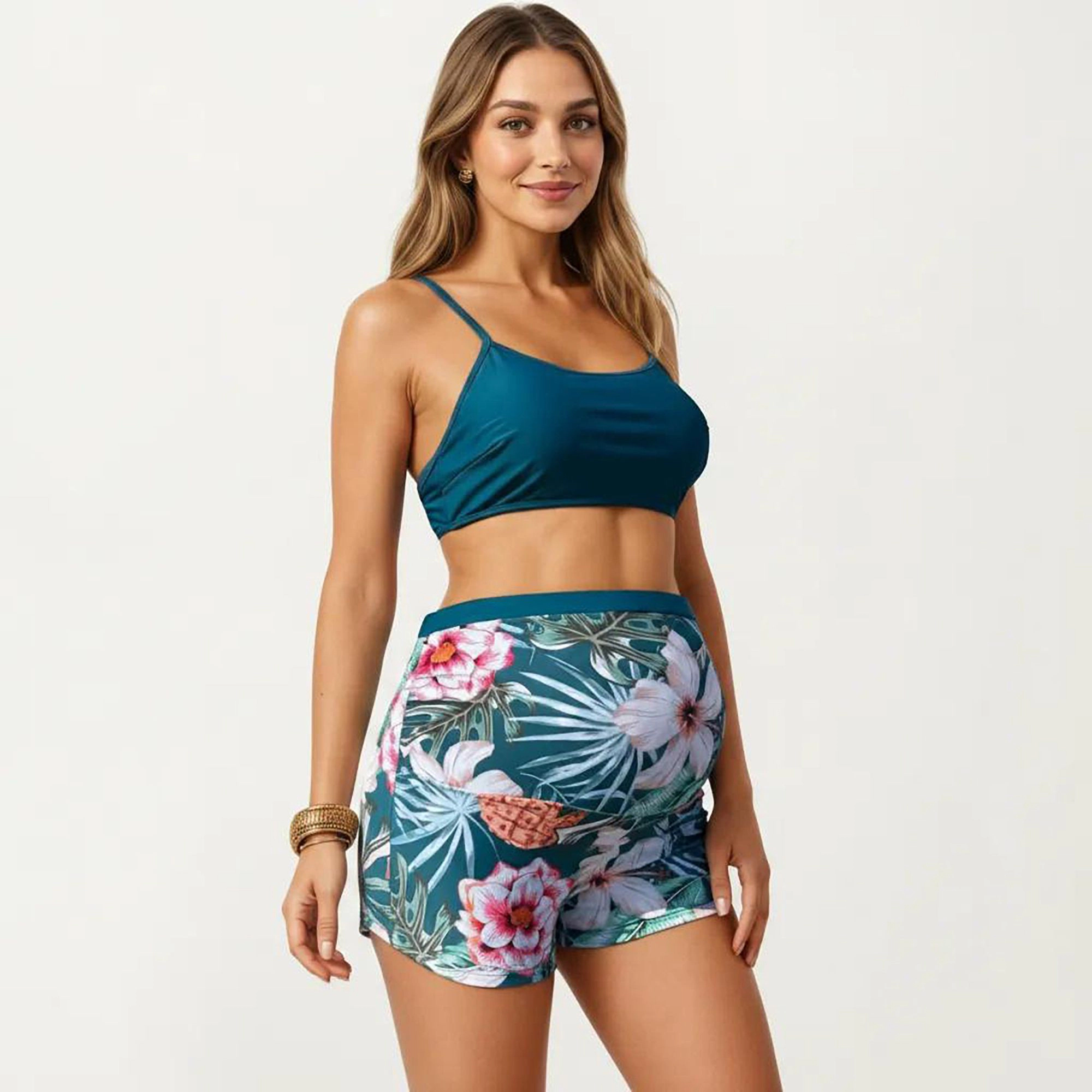 Anna-Kaci Maternity Floral Swim Set - Kimono Cover-Up, High-Waisted Shirred Shorts, Supportive Tankini Top