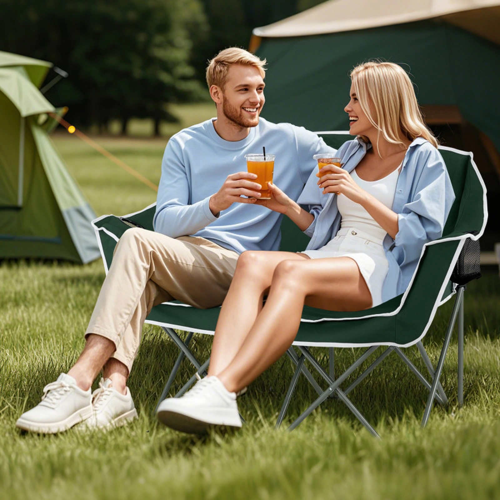 SUGIFT Green 660 lb Double Camping Loveseat Chair with 2 Cup Holders and Carry Bag