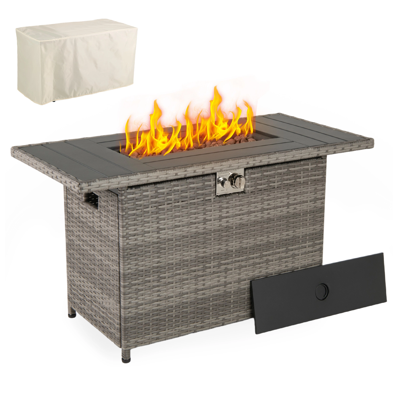 SUGIFT 44.5-In Gray Wicker Propane Fire Pit Table with Coffee Table Lid and Rain Cover