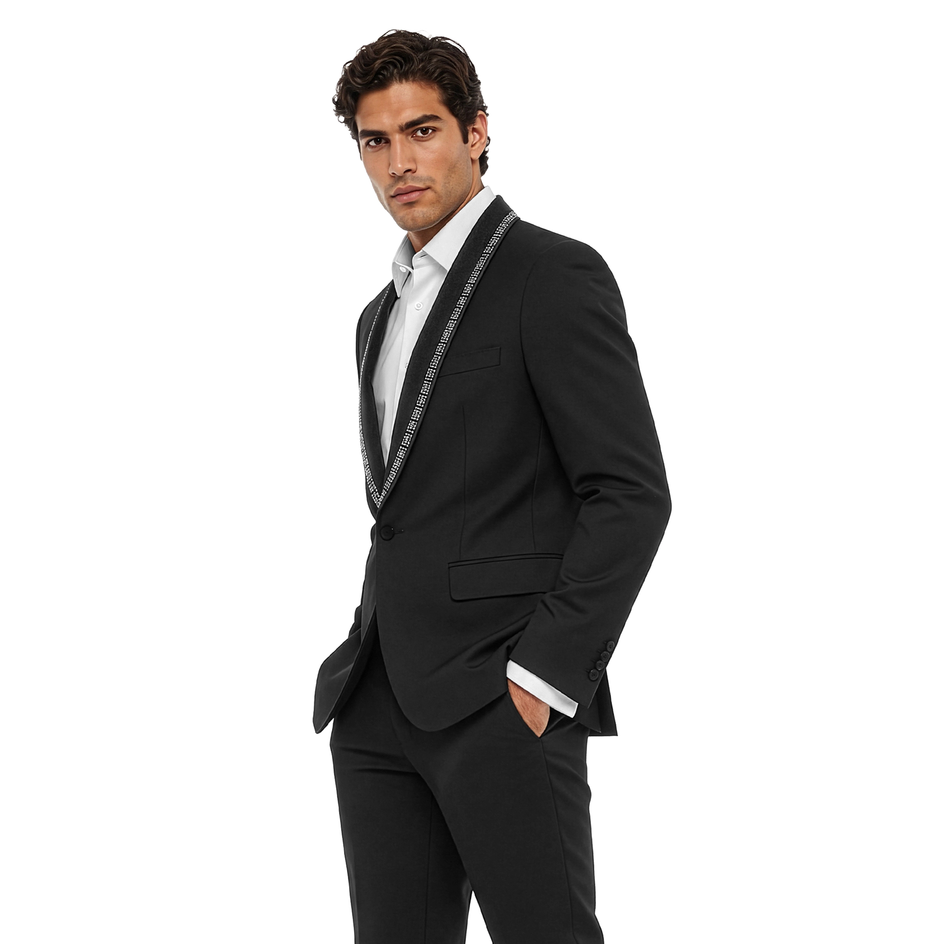 Tazzio Mens Flared Pants Rhinestone Studded Tuxedo Set Shawl Collar 2 Piece, Skinny Fit