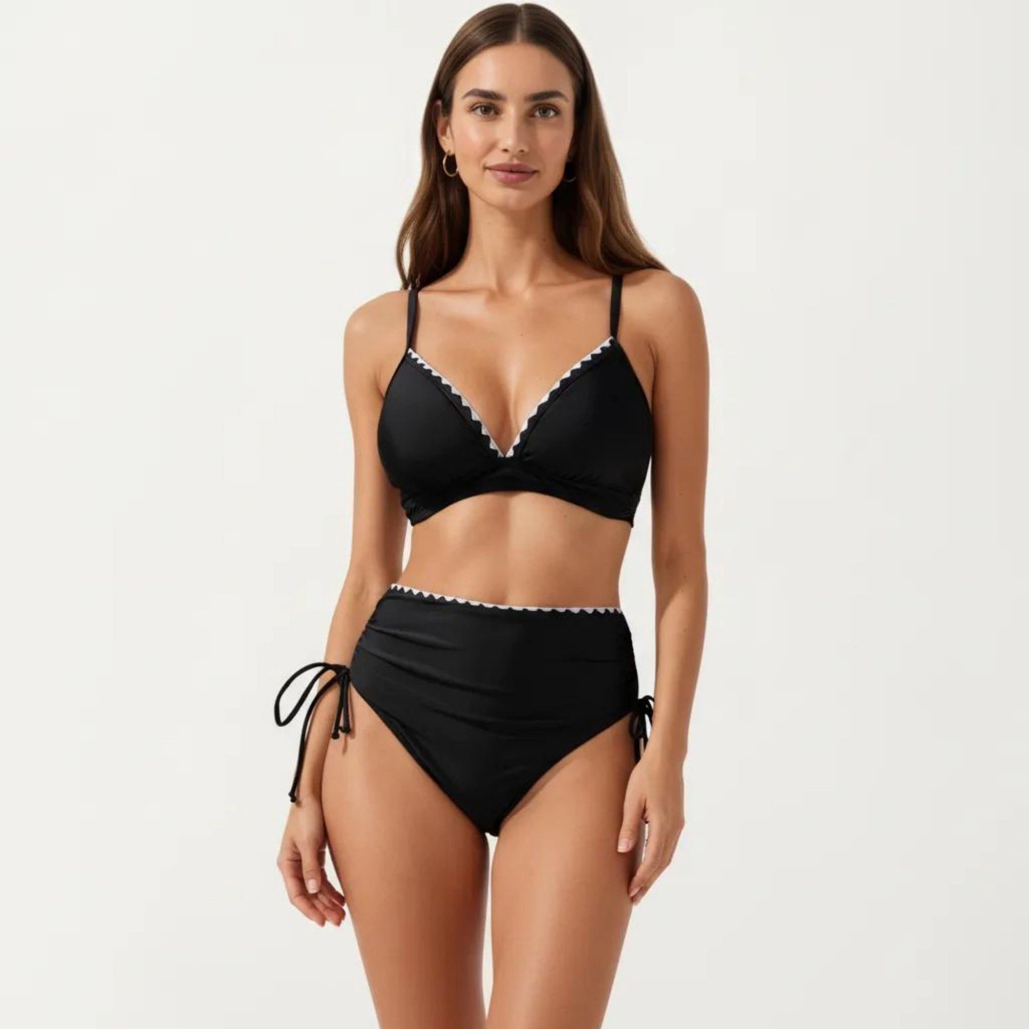 Anna-Kaci Women's 2-Piece Bikini Set with Triangle Bralette Top Scalloped Trim and High Rise Tie Side Bottom