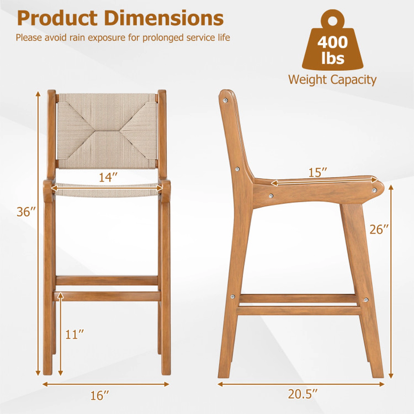 SUGIFT Natural Woven Paper Rope and Teak Frame Set of 2 Outdoor Counter Height Bar Stools