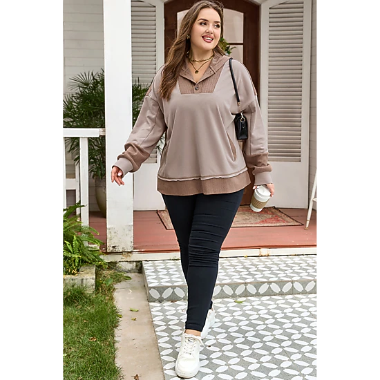 Threaded Pear Women's Goat Waffle Contrast Patchwork Plus Size Pocketed Hoodie