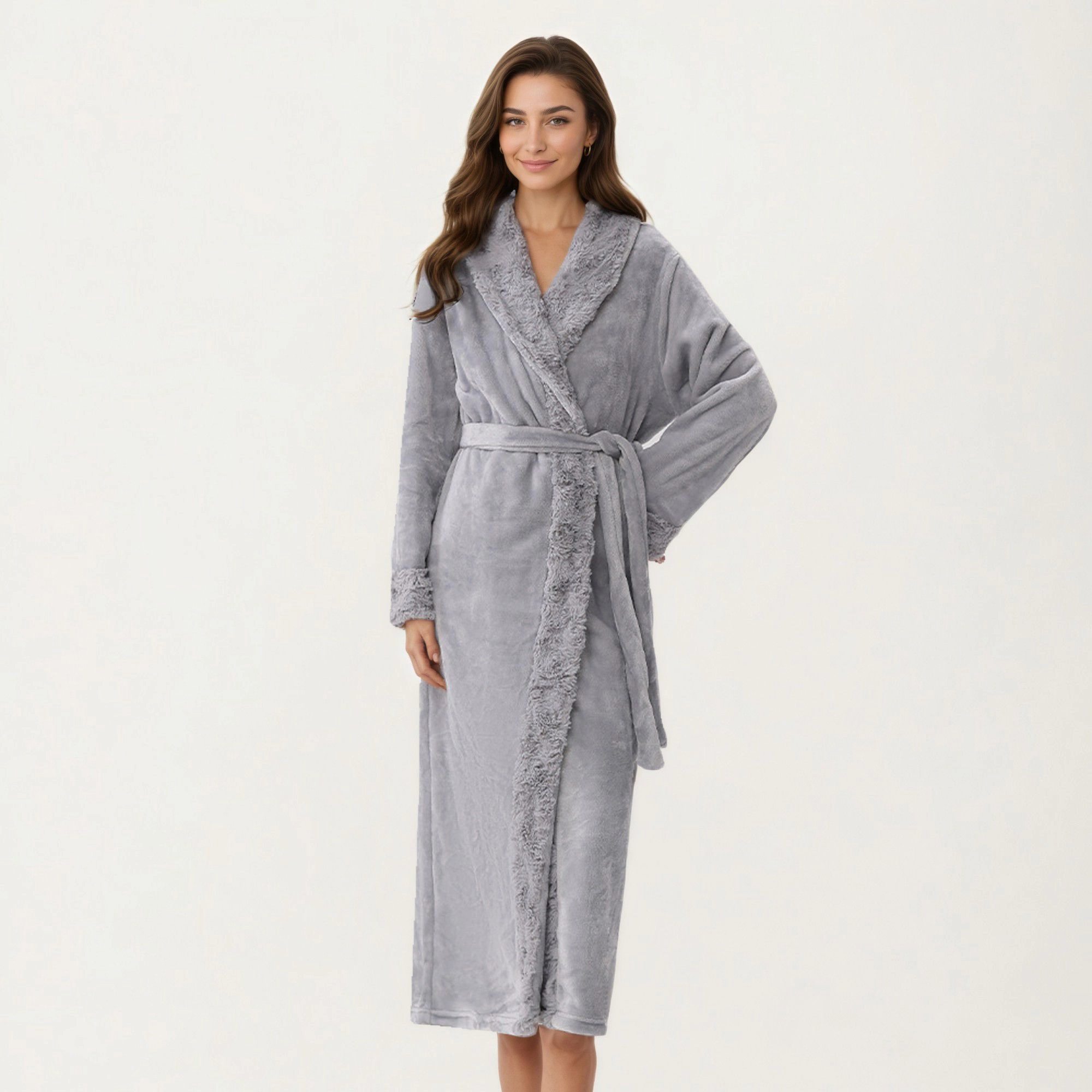Anna-Kaci Women's Plush Bathrobe with Shawl Collar Self Tie Belt and Faux Shearling Trim