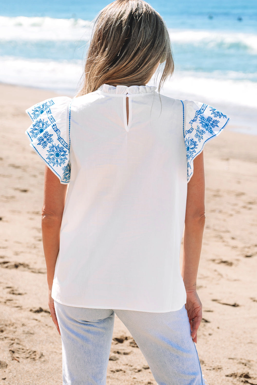 Threaded Pear Women's Vienna Embroidered Ruffled Sleeve Blouse