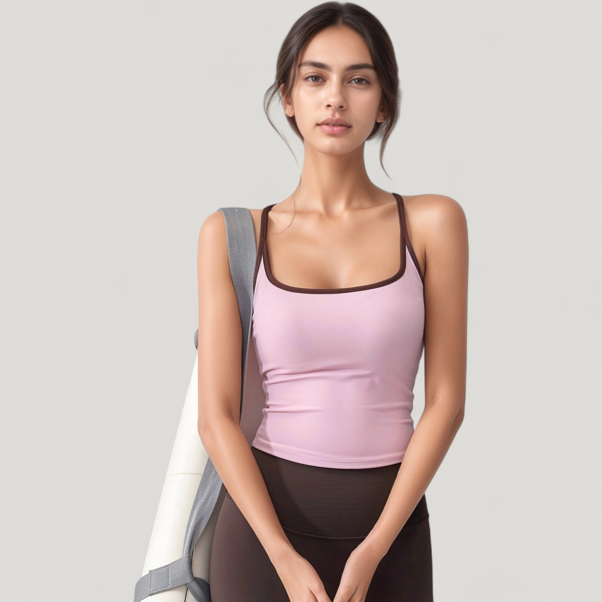 Anna-Kaci Women's Square Neck Fitted Crop Tank Top with Contrast Trim and Soft Stretch Fabric