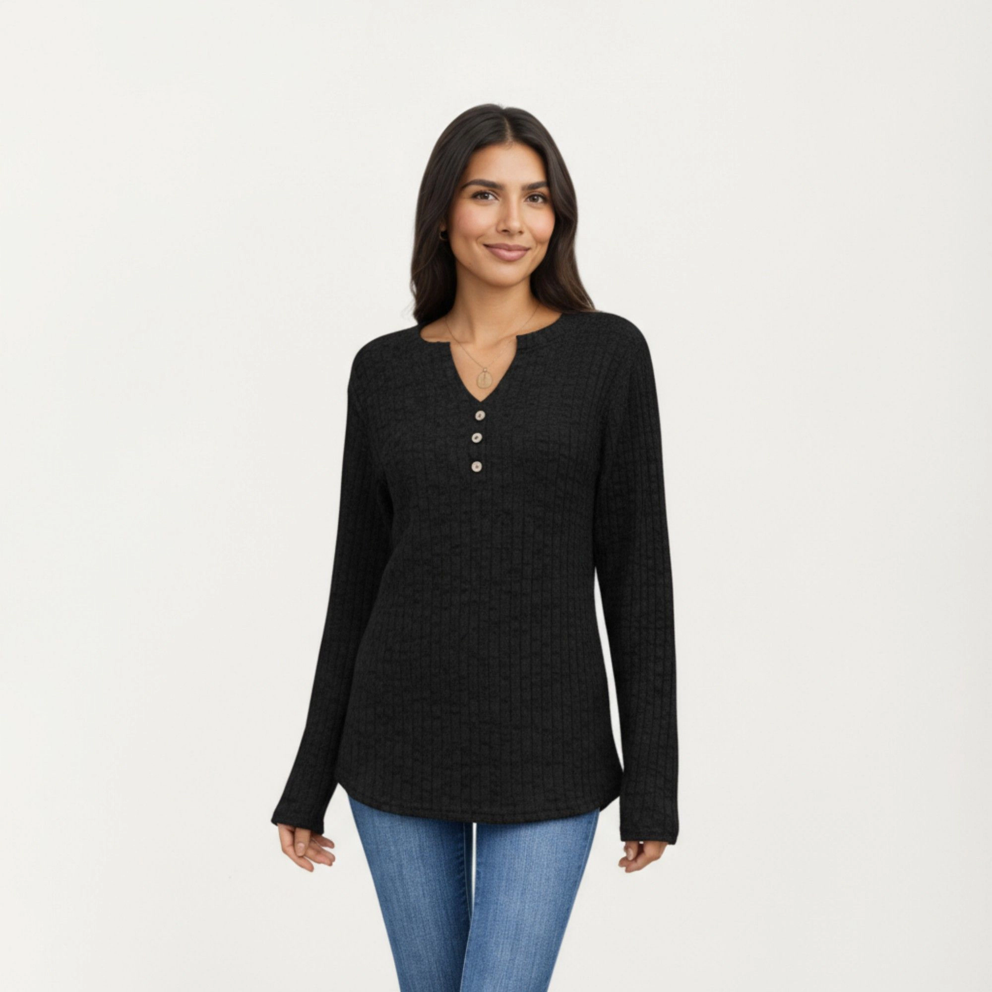 Anna-Kaci Women's Button Front Curved Hem Long Sleeve Ribbed Knit Top