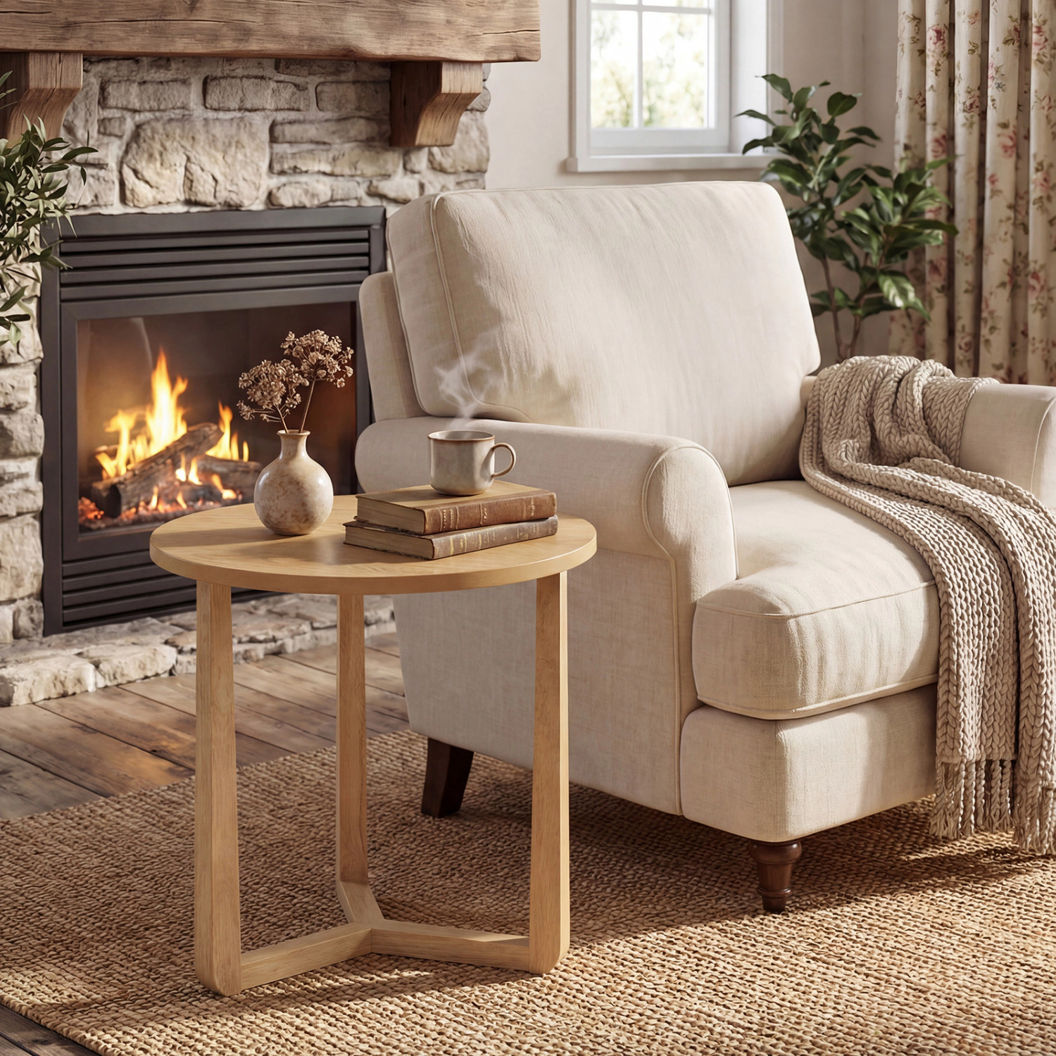 LJG 22.5 Inch Round Side Table Farmhouse End Table with Sturdy Rubber Wood Legs and Triangular Structure