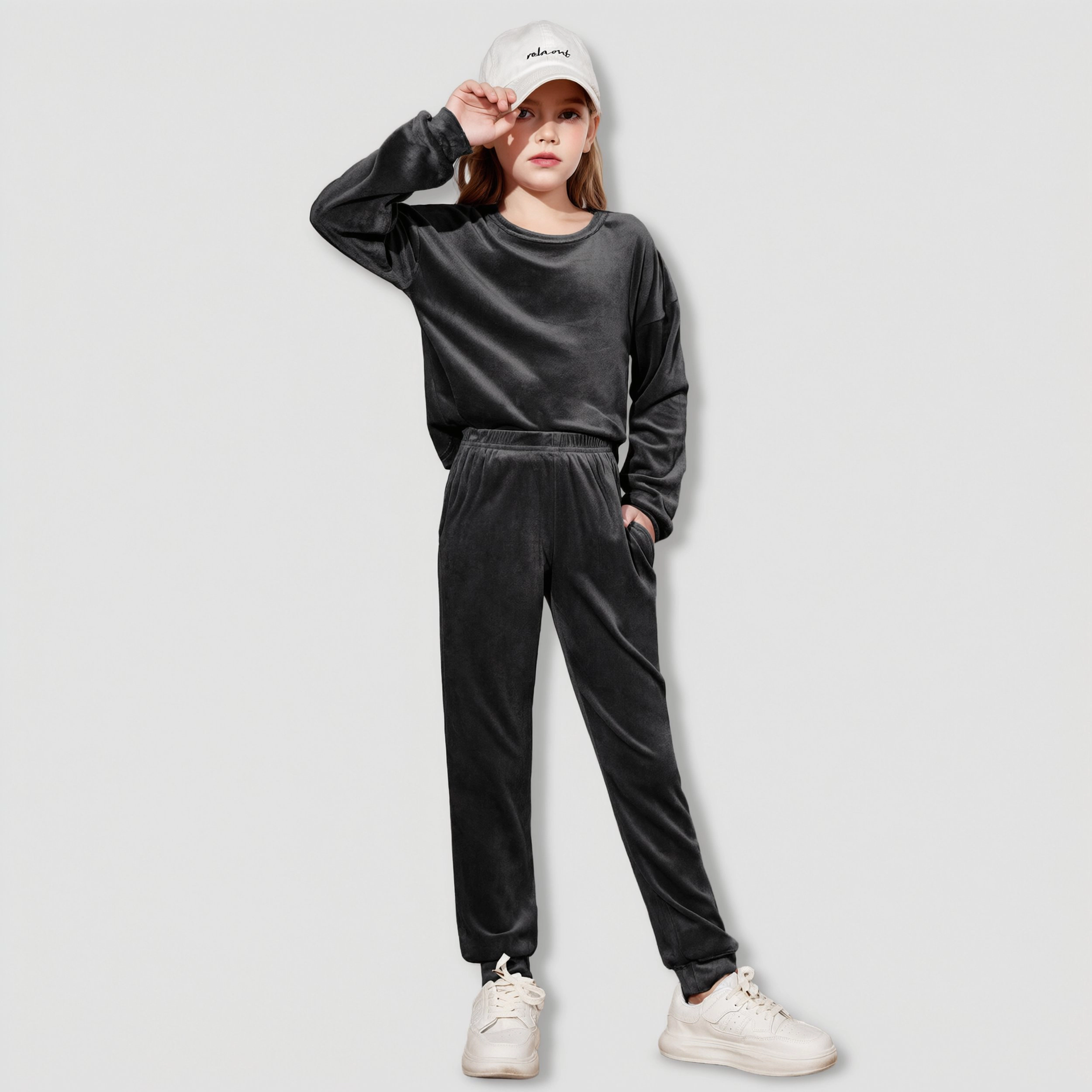 Arshiner Girls Soft Velour Crew Neck Long Sleeve 2-Piece Tracksuit Jogger Outfit Set