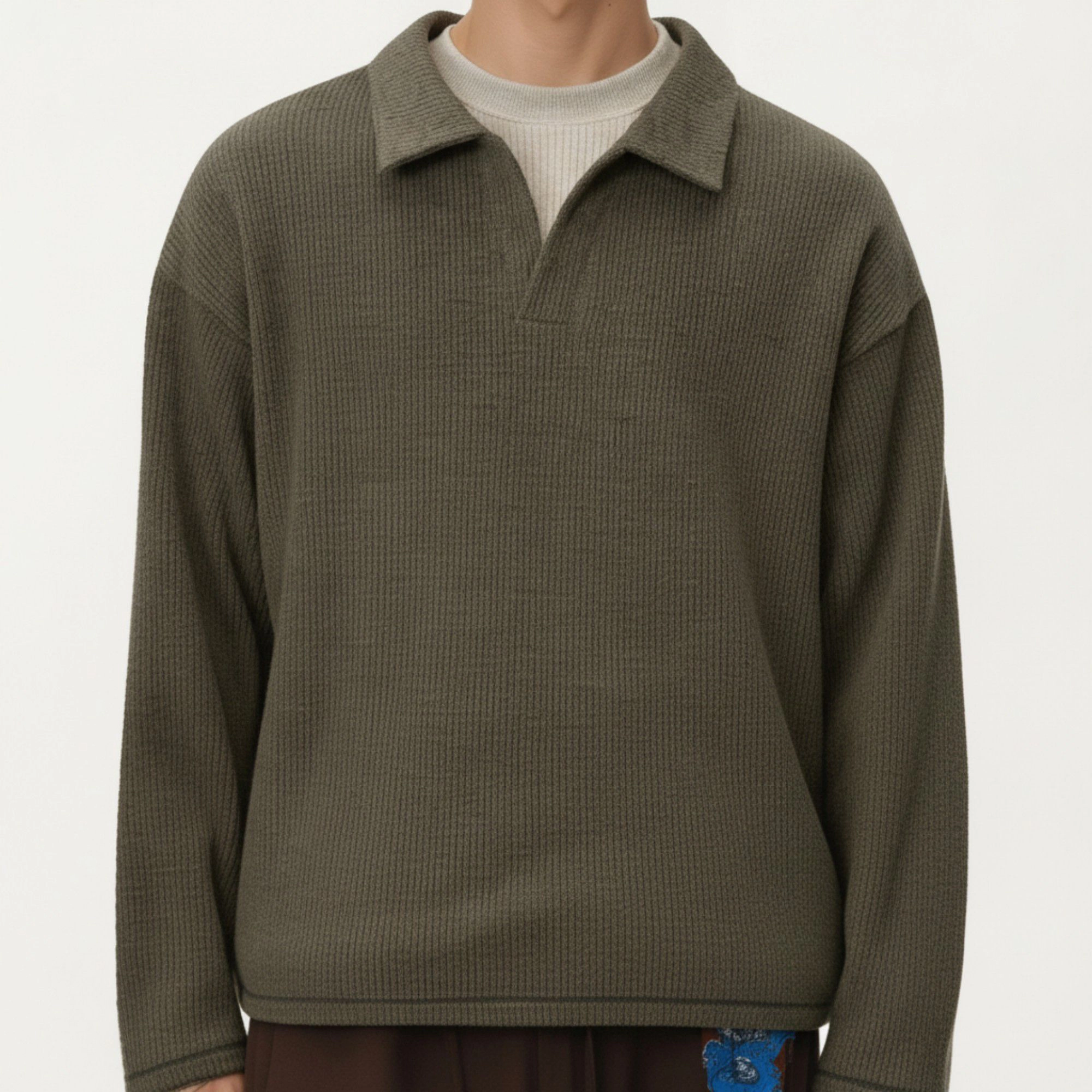 Anna-Kaci Men's Ribbed Long Sleeve Collared Pullover Top with Relaxed Fit