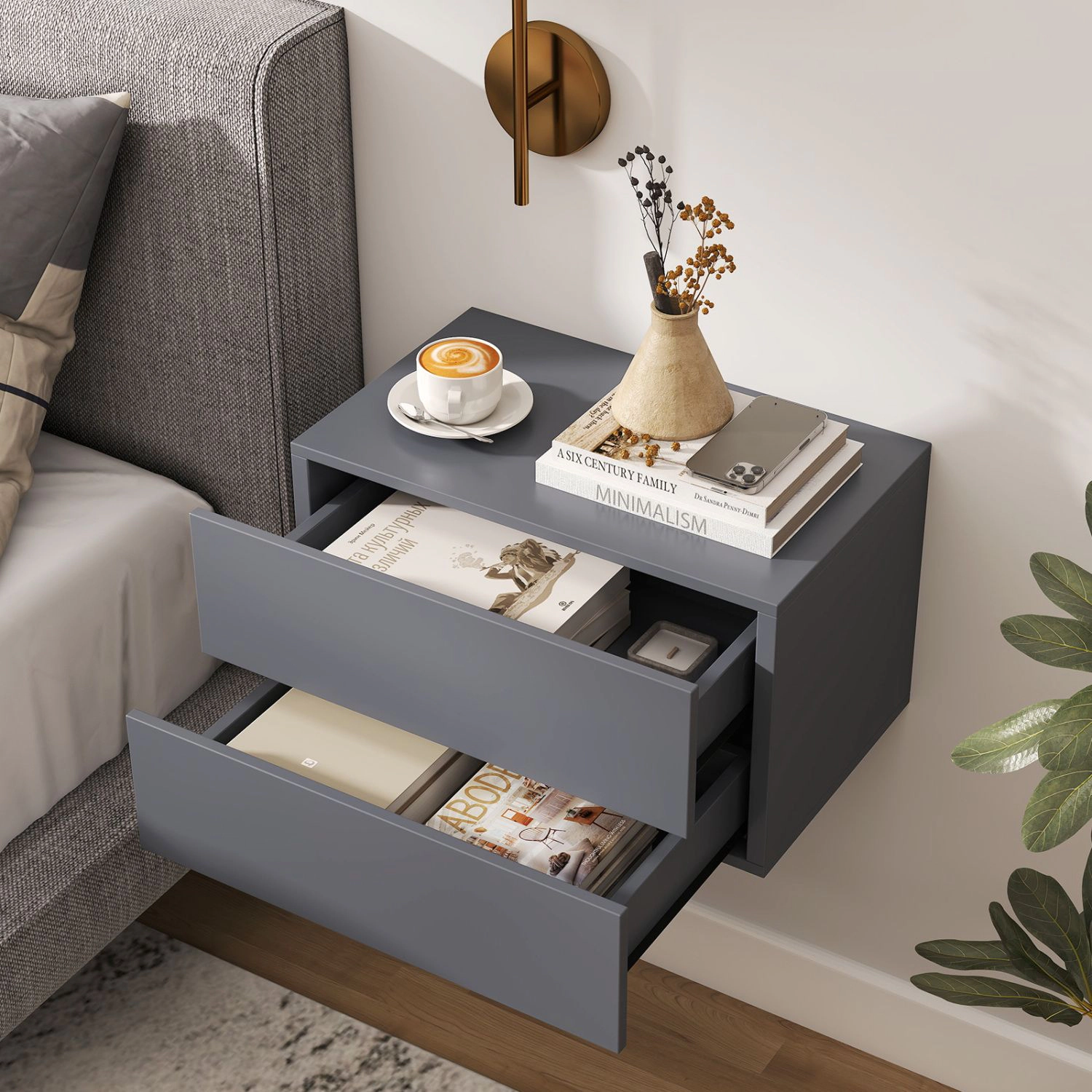 SlickBlue Floating Bedside Table with 2 Drawers & Storage Shelf