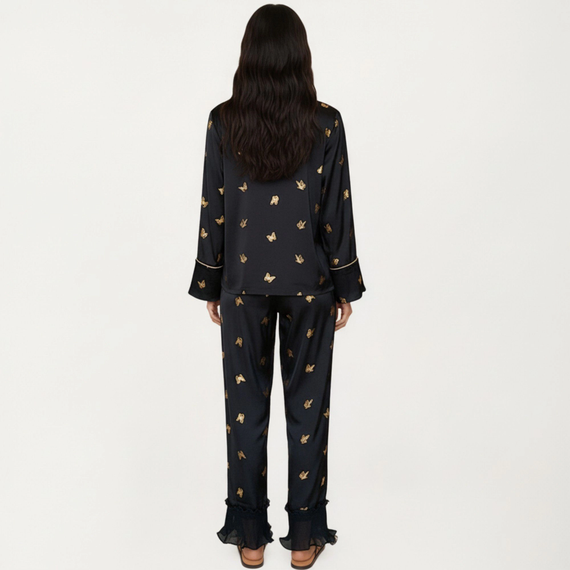 Anna-Kaci Women's 2-Piece Satin Pajama Top with Piping Detail and Ruffled Cuffs Paired Matching Pants