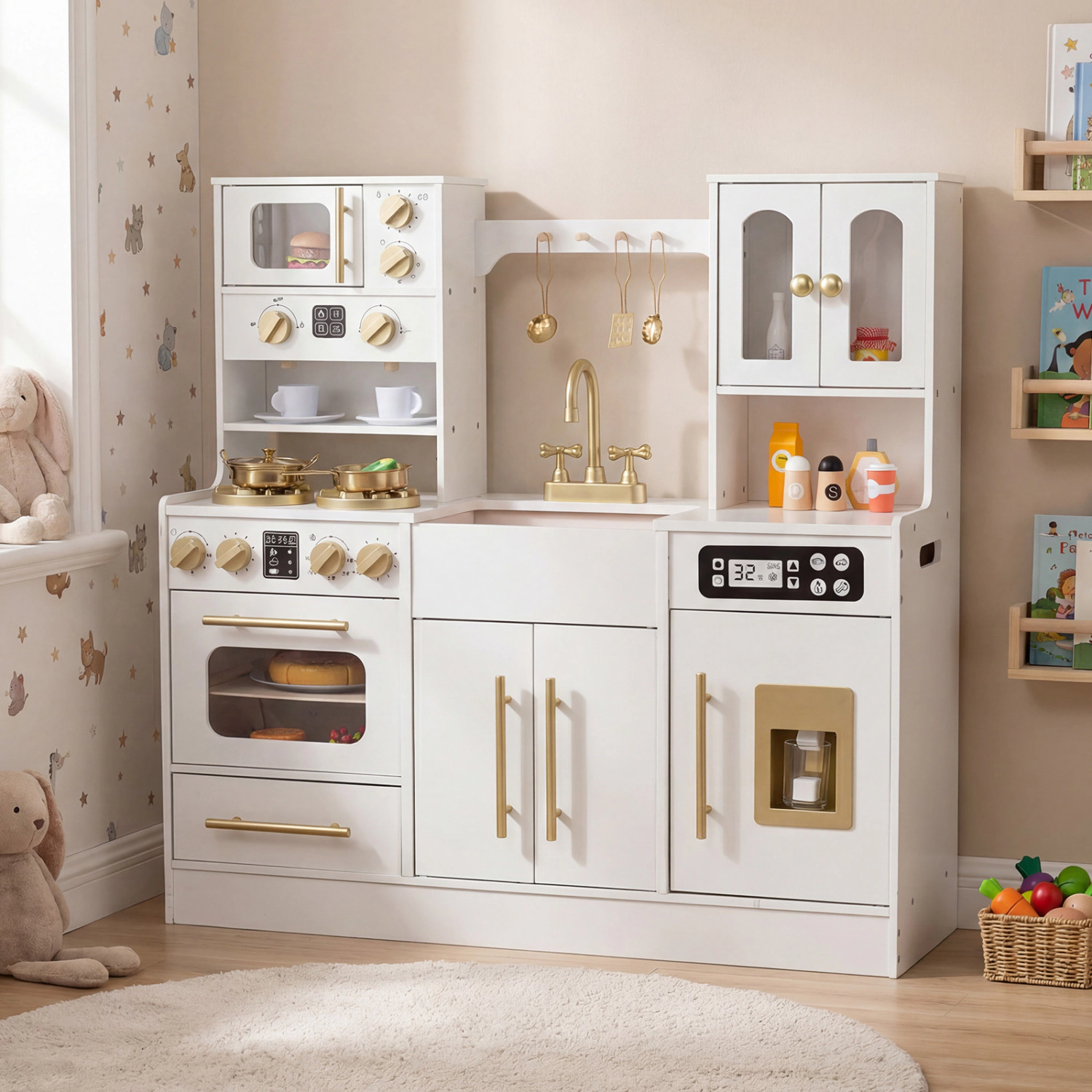 LJG Wooden Kids Kitchen Playset with Realistic Lights and Sounds