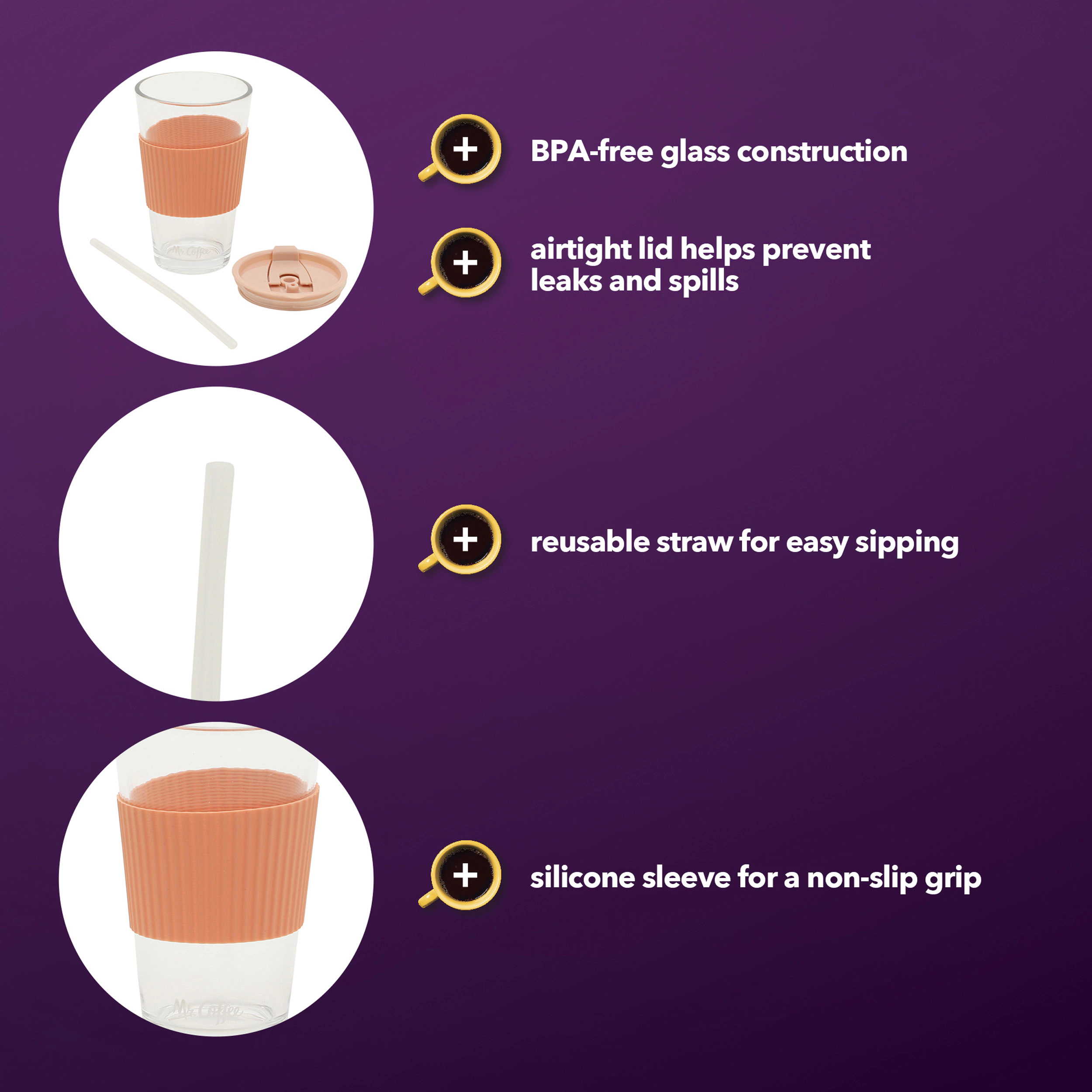 Mr. Coffee Sip Savvy 4 Piece 15 Ounce Clear Glass Tumbler Set with Straw and Lid in Pink