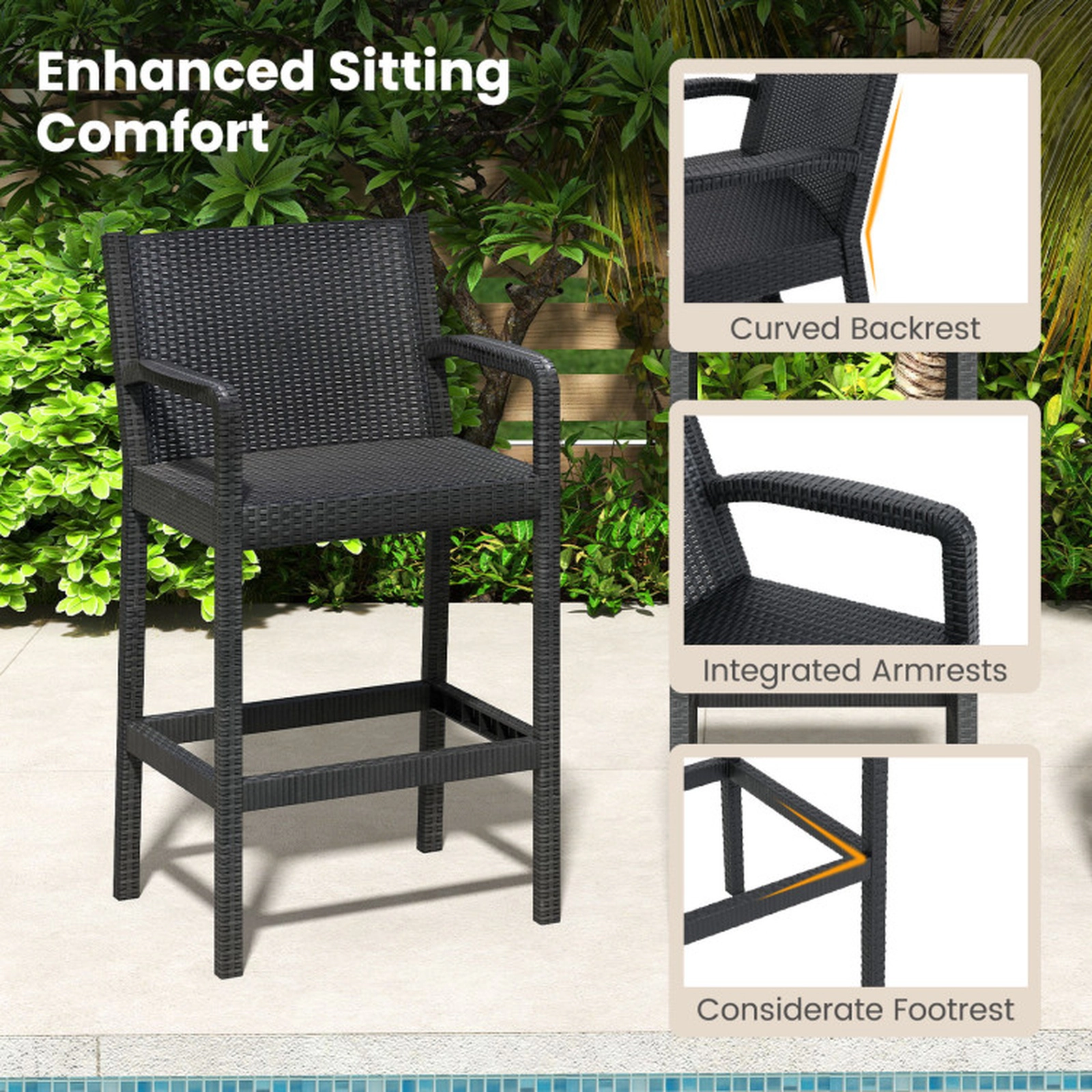 SUGIFT 3-Piece PP Seats Metal Frame 2 Stools 1 Table Patio Bar Set 19.5-in x 19.5-in x 39.5-in 110-lb Capacity Black