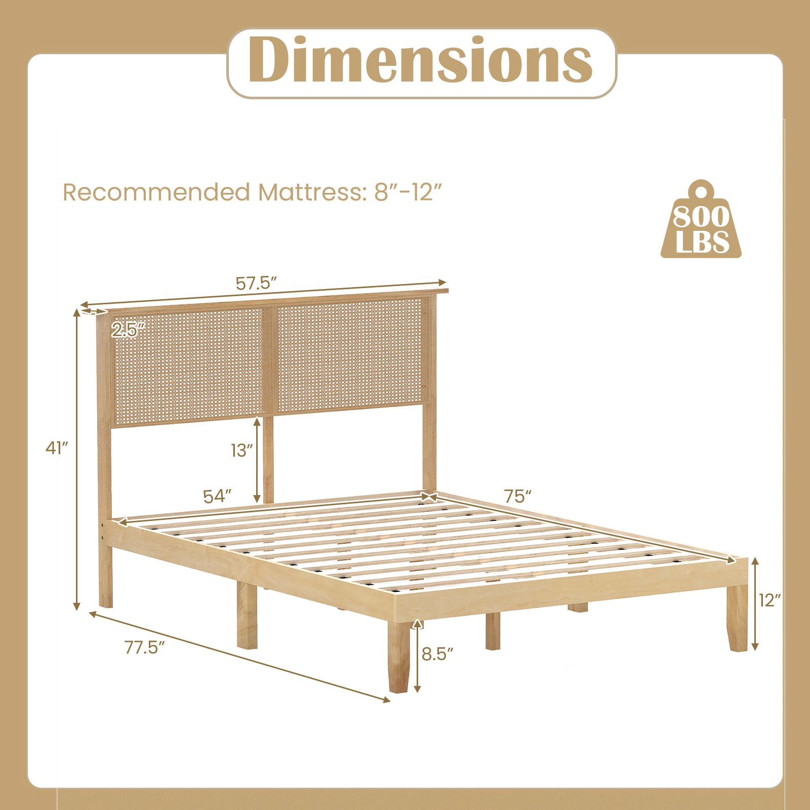 SlickBlue Rattan Platform Bed Frame with Solid Wood Frame and Headboard
