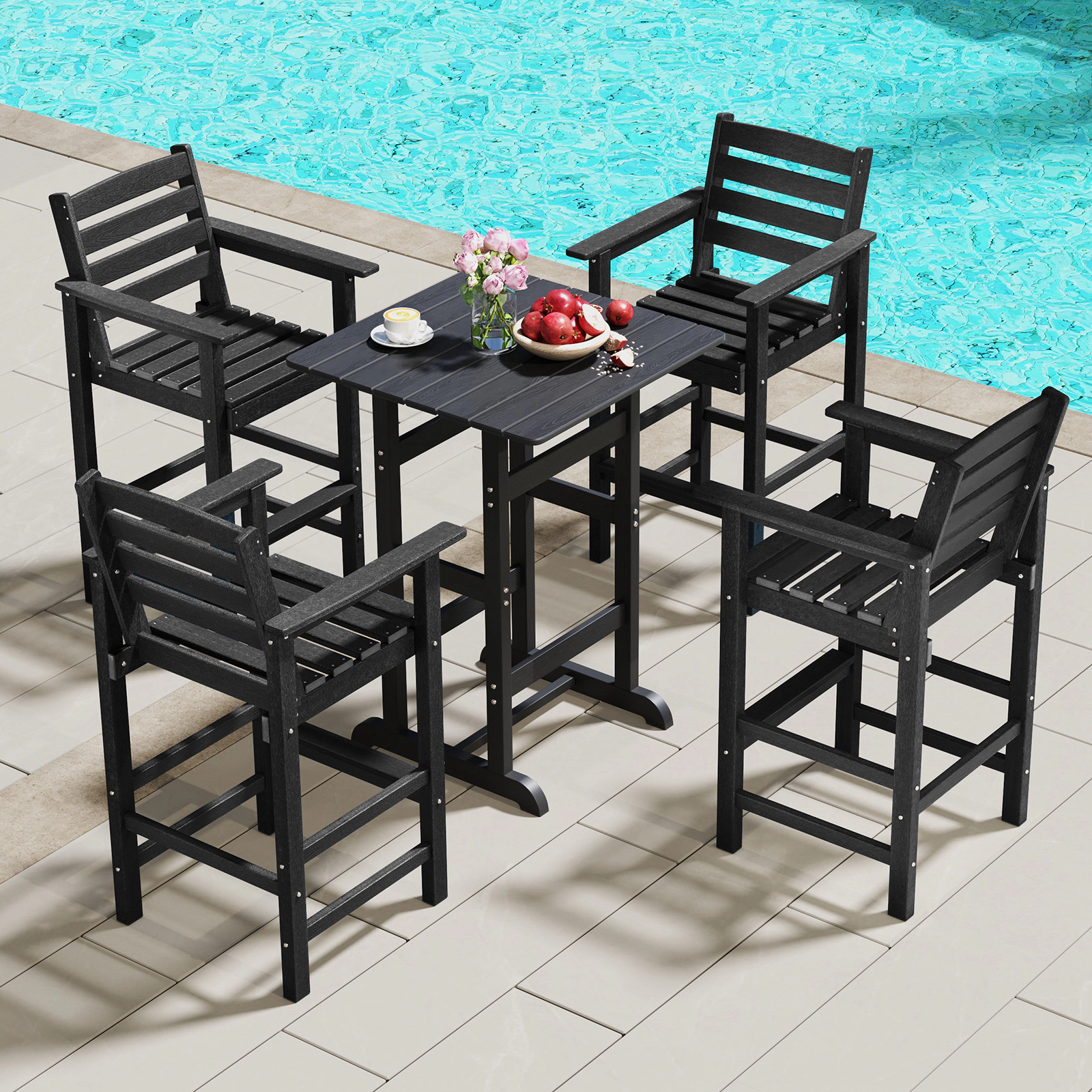 SUGIFT Set of 2 Black HDPE Adirondack Outdoor Bar Stools with Arms and Footrests