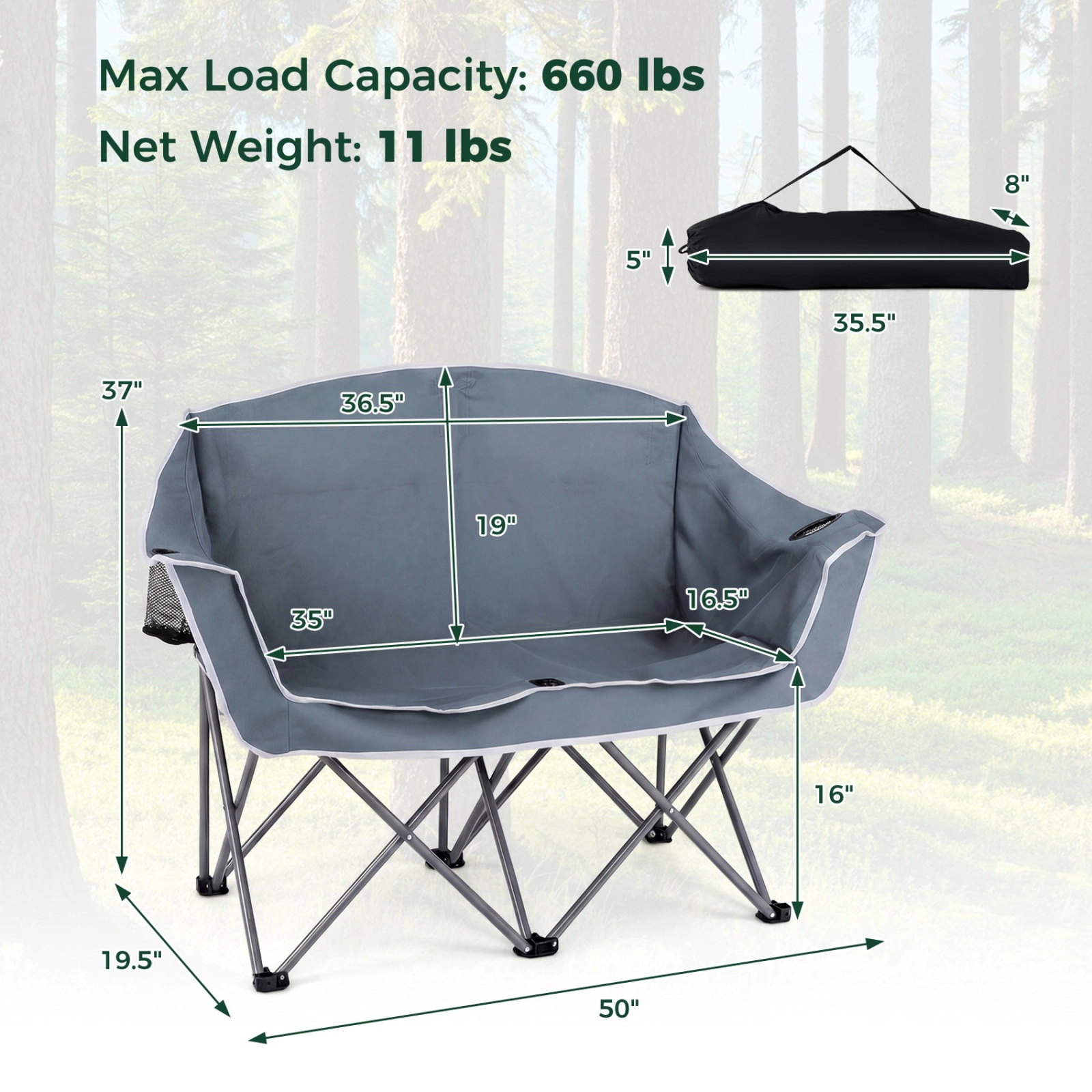 SUGIFT Gray Steel Double Camping Loveseat, 660-lb Capacity, 2 Cup Holders