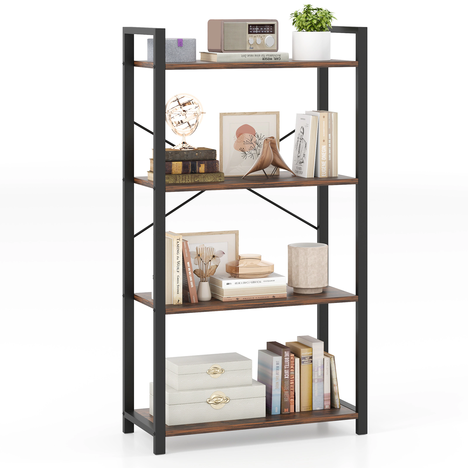LJG 4-Tier Bookshelf with Heavy Duty Metal Frame Industrial Display Shelf
