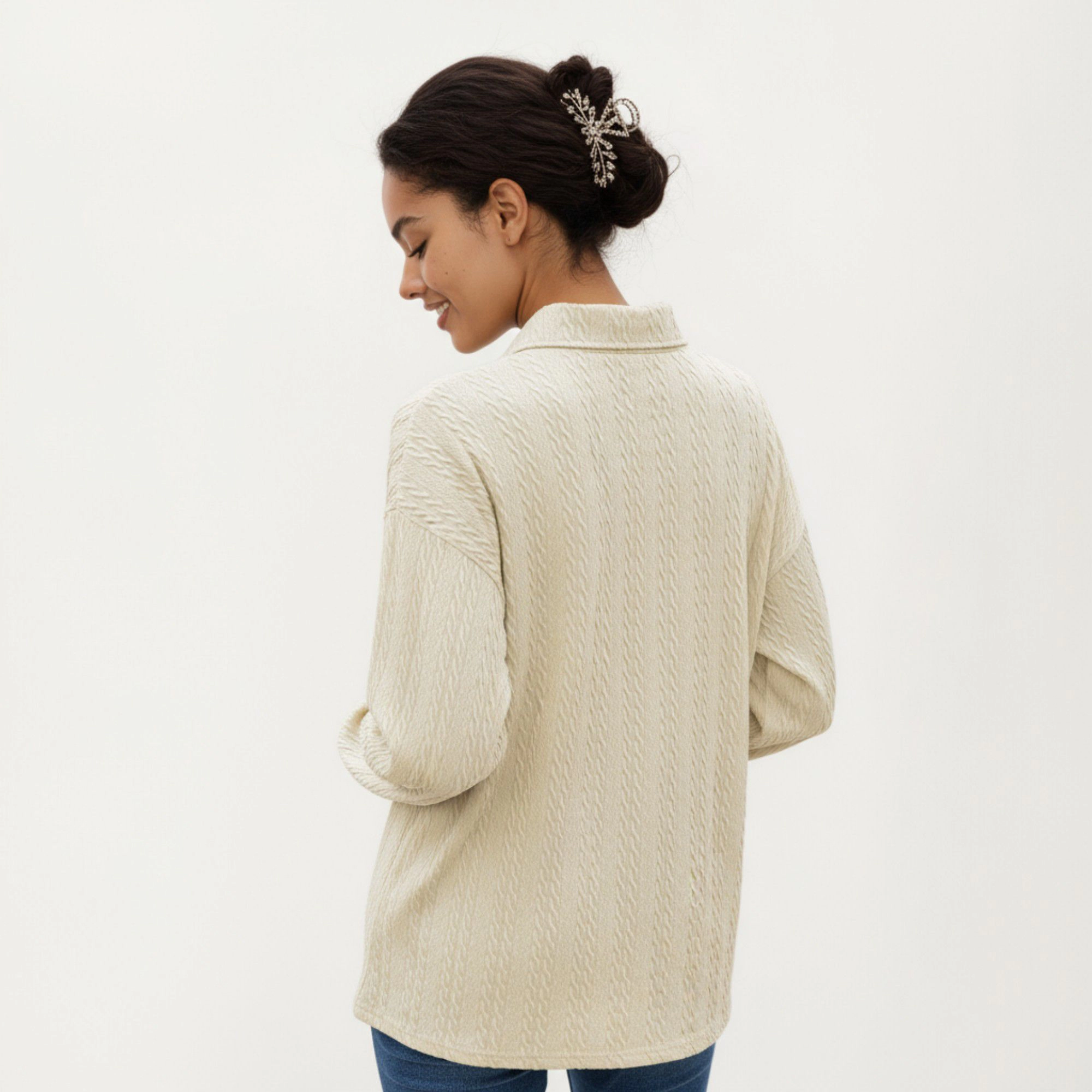 Anna-Kaci Women's Subtle Textured Pattern Collared Relaxed Fit Long Sleeve Knit Top